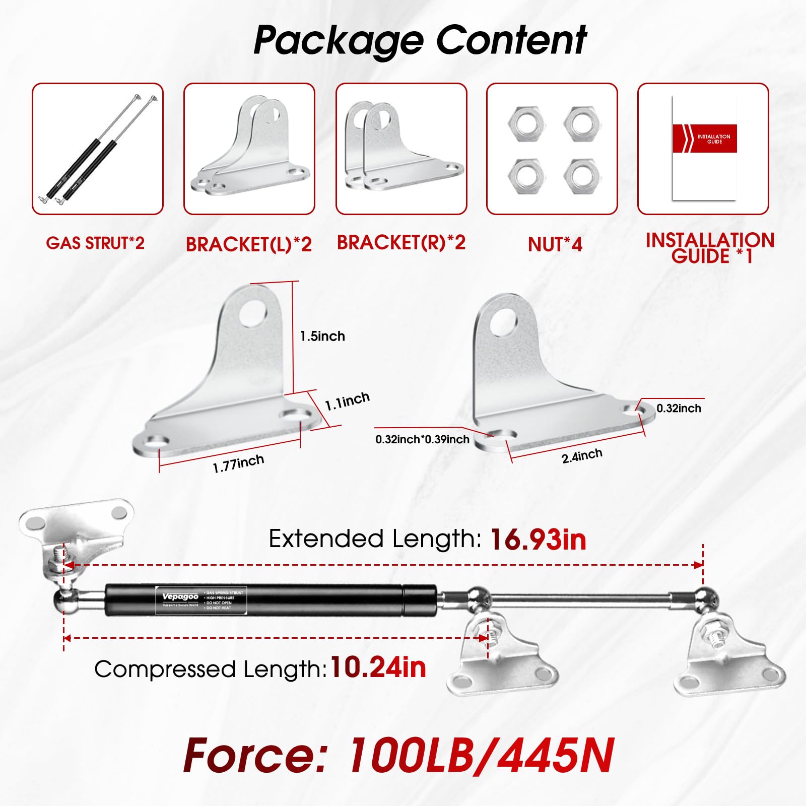 17 Inch 100Lb/445N Heavy-Duty Gas Shock Strut Spring For Tool Box Rv Bed Cabinet Boat Cover Door Lid And Custom Projects, A Set