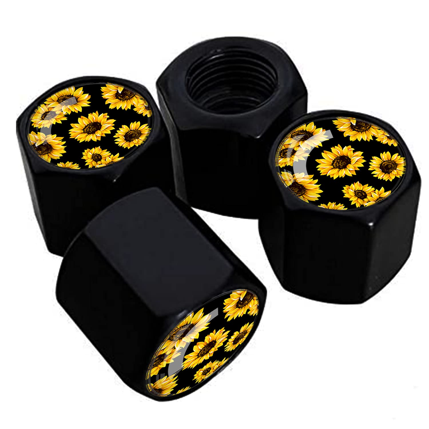 Metal Car Wheel Tire Valve Stem Caps 4 Pack Cool Sunflowers Pattern Aluminum Car Tire Air Valve Caps For Cars, Trucks, Bikes, Mo