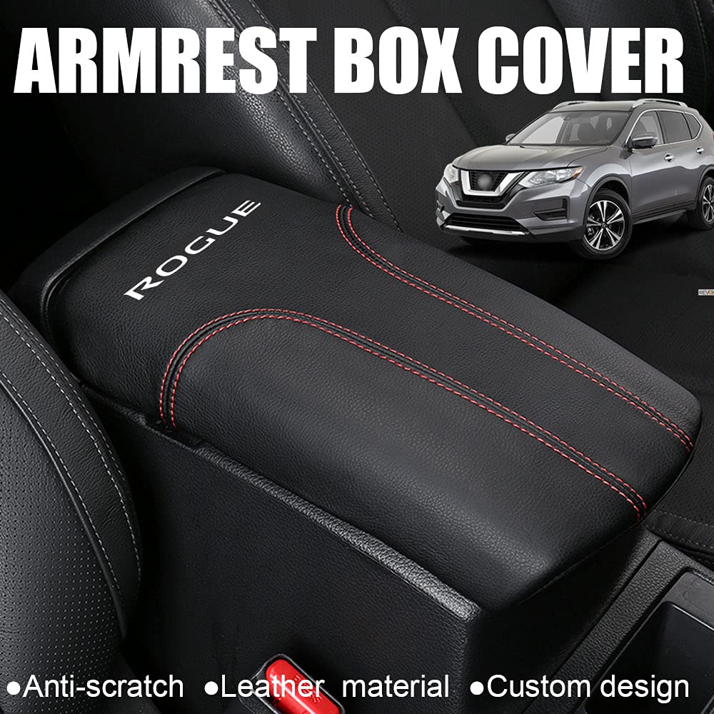XITER Car Armrest Cover - Leather Pad for Nissan Rogue 2014-2020, Red Stitches, Model 11665, Console Protector Accessories