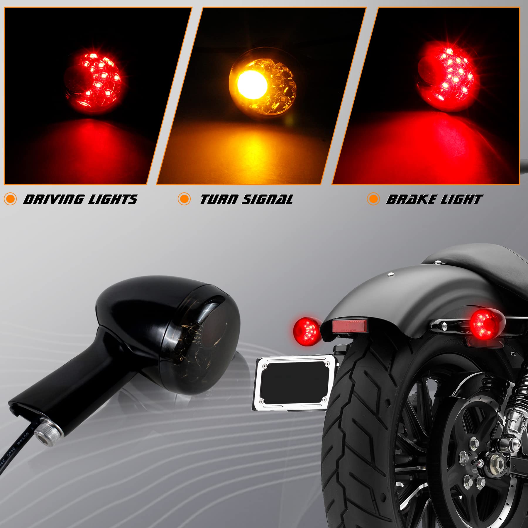 NTHREEAUTO Smoked Bullet LED Turn Signals & Brake Light for Harley Sportster XL 883 1200 (1992-2019) - Aluminium Alloy, White/Yellow