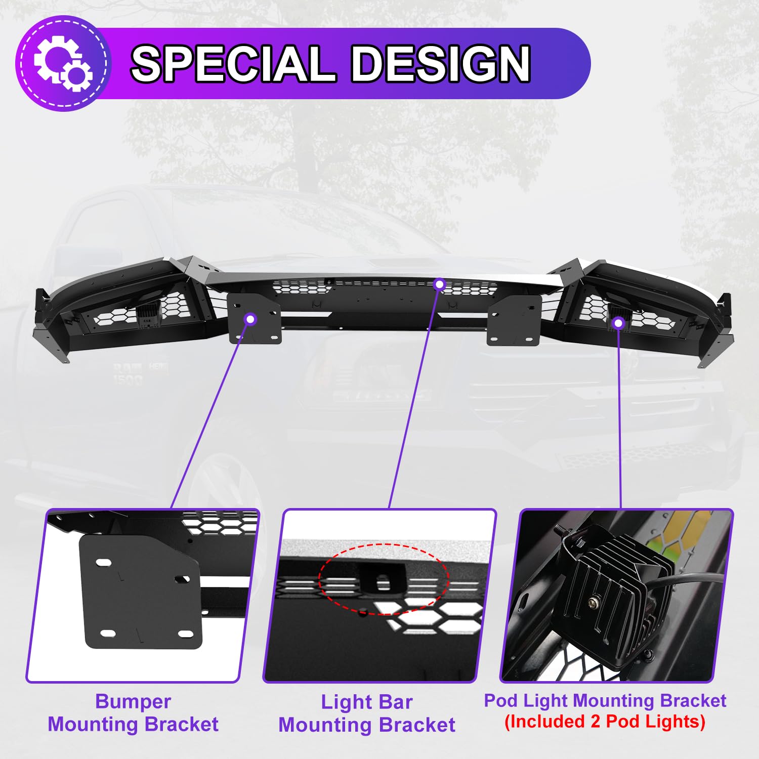 Nixon Offroad Front Bumper For 2013-2018 Dodge Ram 1500 Pickup Truck(Excluding Rebel) / 2019-2023 Ram 1500 Classic(Excluding Warlock) Heavy Duty Steel Bumper With Light Bracket & Licence Plate Bracket