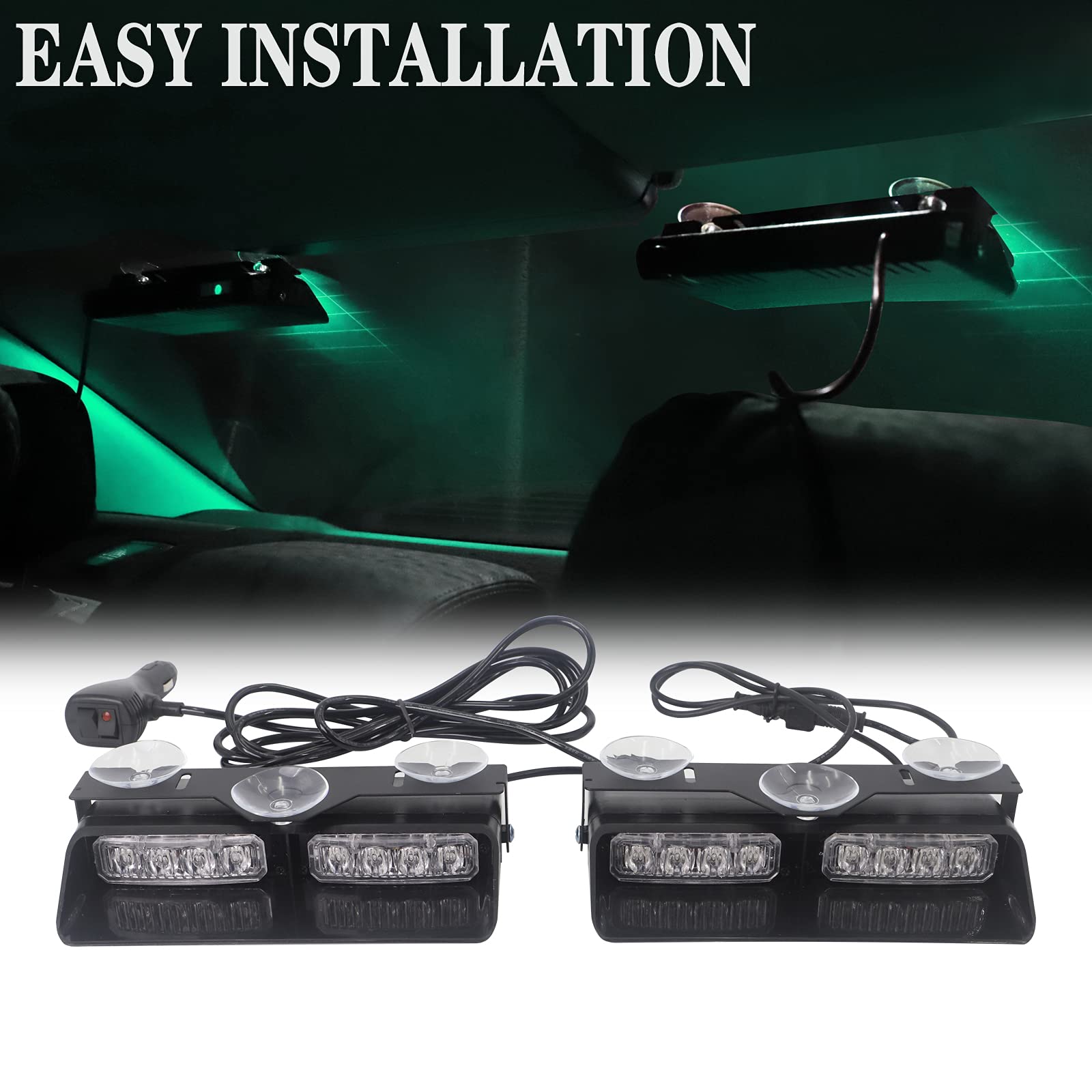 XRIDONSEN 2 in 1 Green Emergency Dash Strobe Lights, 16 LED, 2x7.16 inch, Suction Cups for Police Vehicles, Trucks