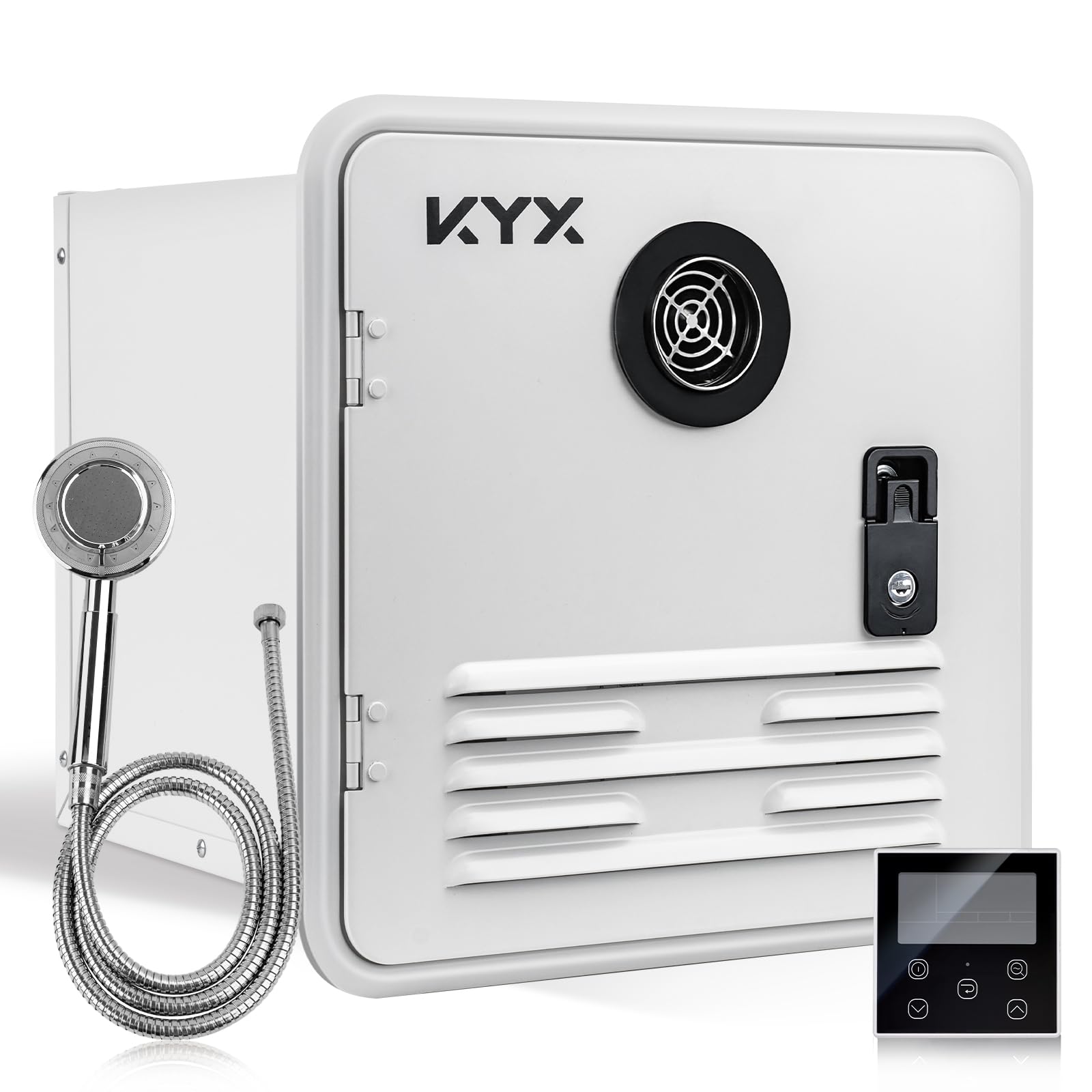 KYX RV Tankless Water Heater 67,000 BTU - Propane Instant Camper Water Heater with Shower head and 15 x 15 inches White Door, Hi