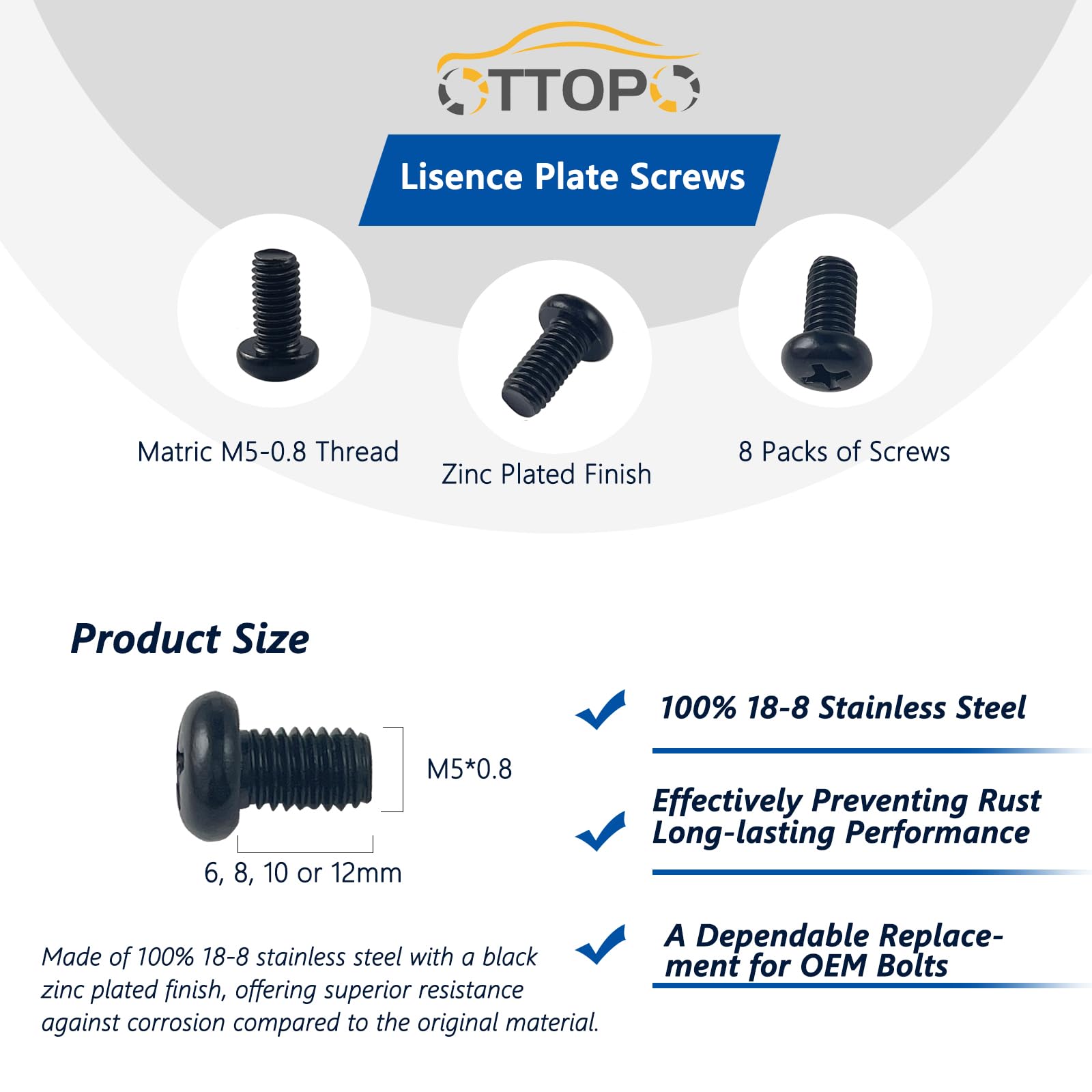 Rear License Plate Screws M5-0.8X10mm Compatible with Tesla Model 3, Y and BMW 18-8 Stainless Steel Black Zinc Plated 8 Pack