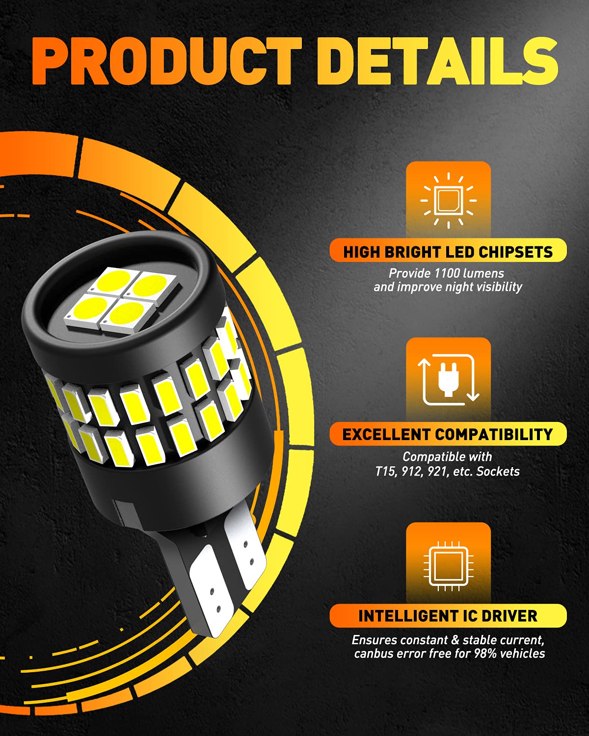 Oxilam 2023 Upgraded 912 921 Led Bulb Reverse Lights, Backup Light Bulbs For Car, 300% Higher Brightness 6000K White, Mini Size Non-Polarity Canbus Error Free T15 906 W16W Bulb, Pack Of 2