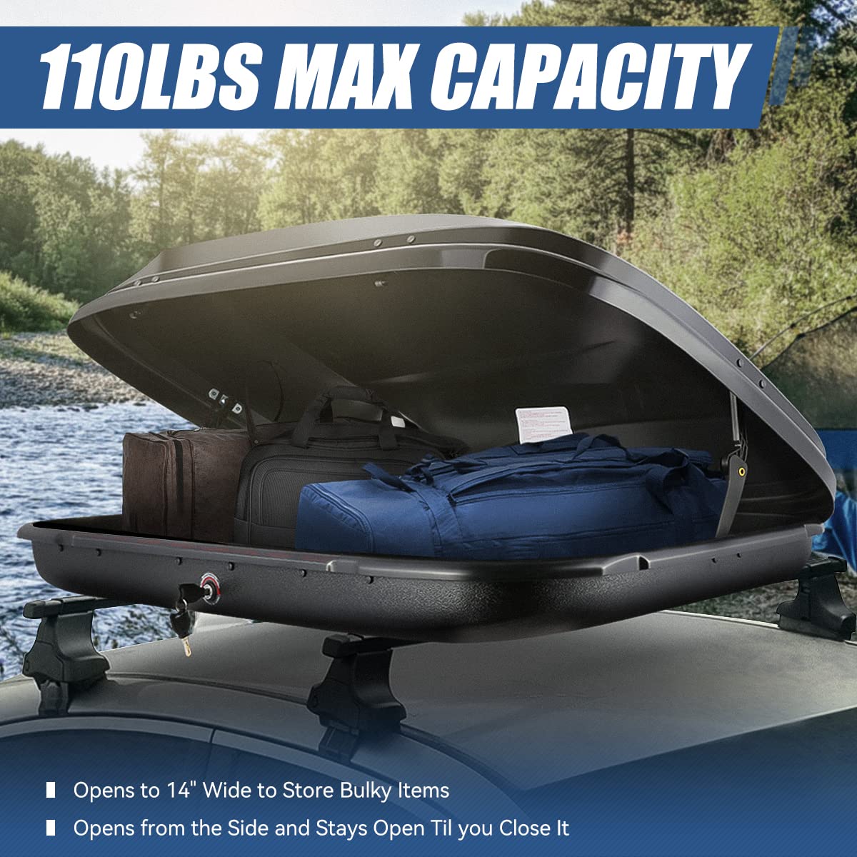 Hard Shell Roof Top Mount Car Storage Travel Luggage Box Cargo Carrier, 53 (L) X 34 (W) X 15 (H) Inches, Capacity 110 Pounds, 11