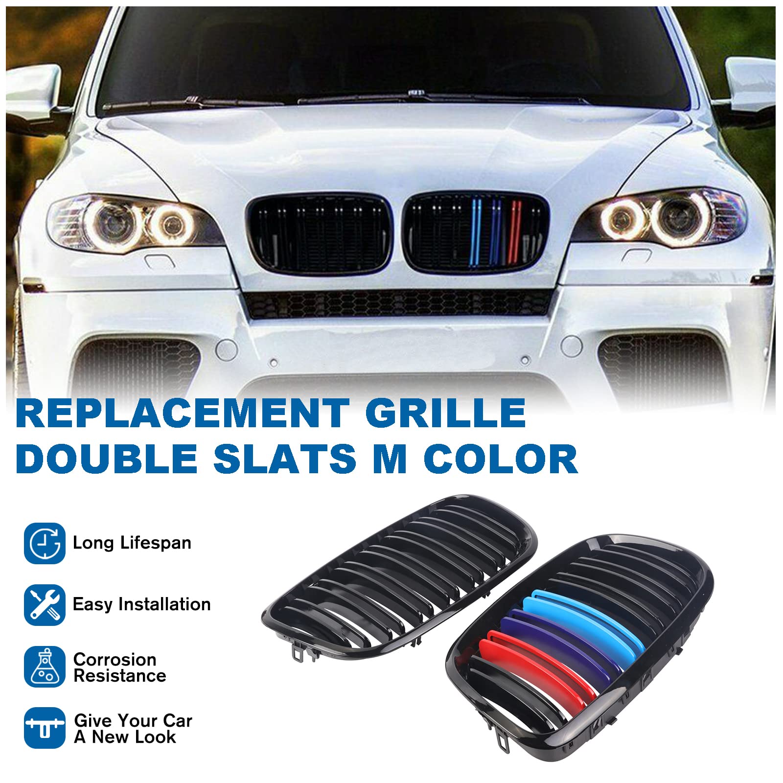 BILLDIO Grill Gloss Black M Color Compatible with 2007-2014 BMW X5 E70 X6 E71 Front Kidney Grille ABS with Double Slats