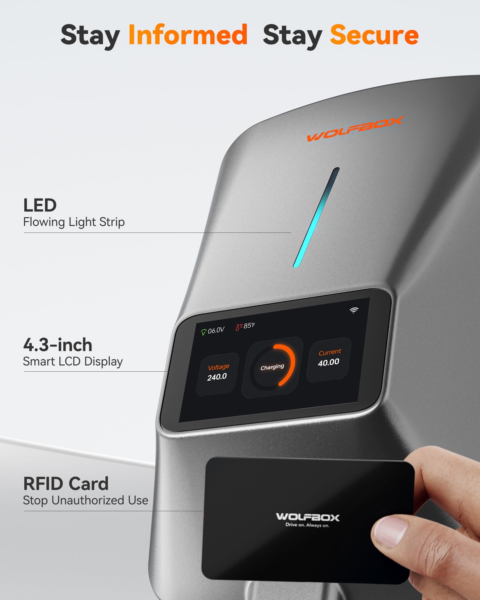 Wolfbox Level 2 Ev Charger 40 Amp - Smart Display, Rfid Card, 25Ft Cable, Outdoor/Indoor, Nema 14-50 Ev Charger Level 2, Wifi En