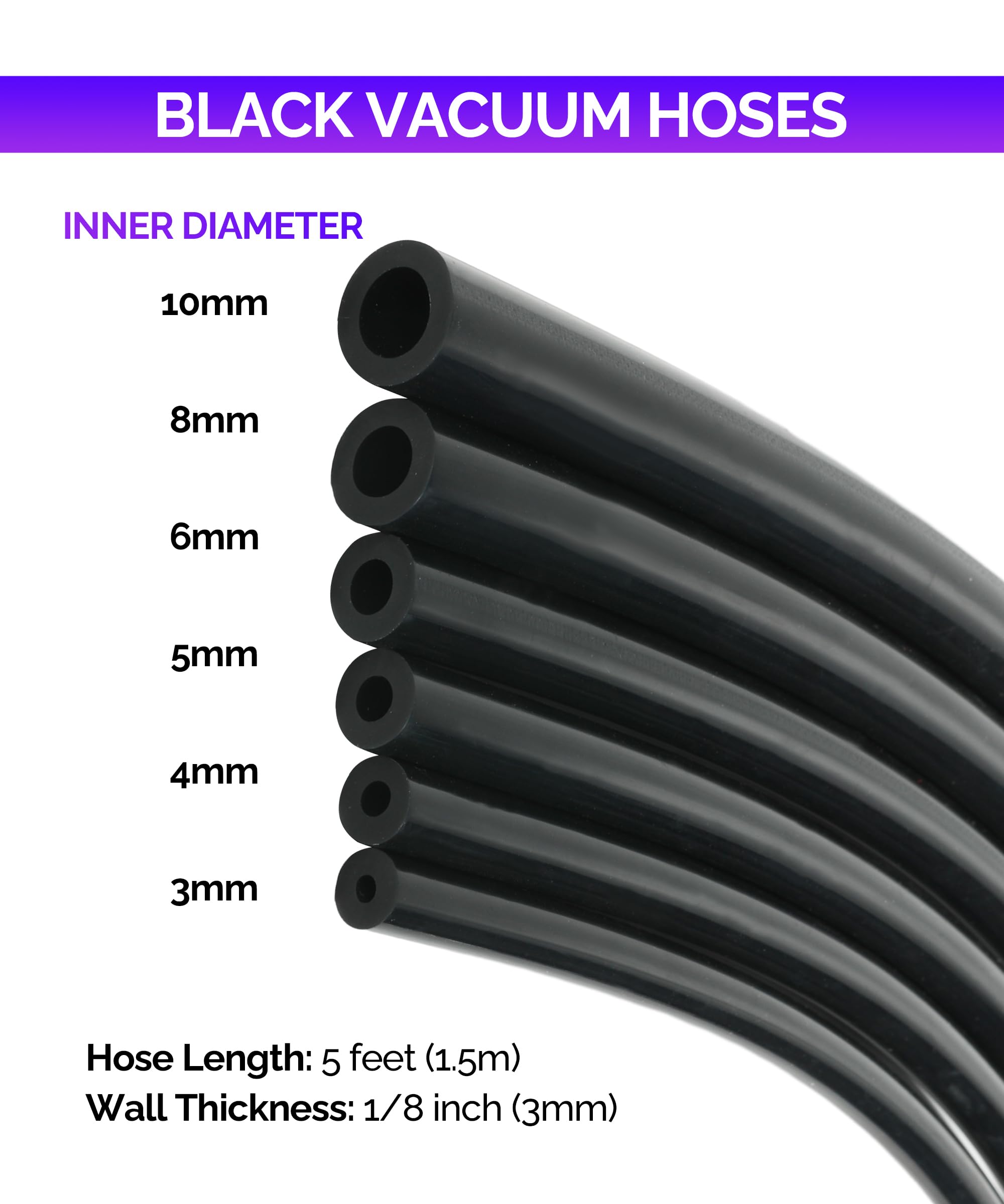RACOONA 6PCS Vacuum Silicone Tubing Hose Kit, 5FT, 1/8"-3/8" Sizes, Black Automotive Accessories