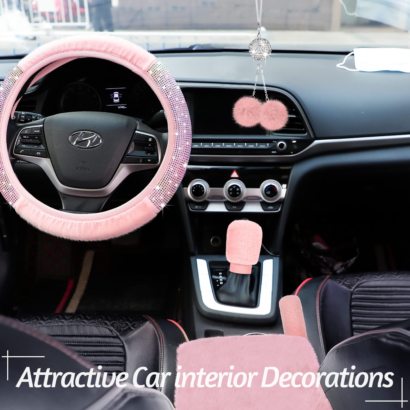 10 Pcs Pink Car Accessories Set, Pink Steering Wheel Cover Fluffy Armrest Box Mat Handbrake Cover Seat Belt Shoulder Pads Gear S