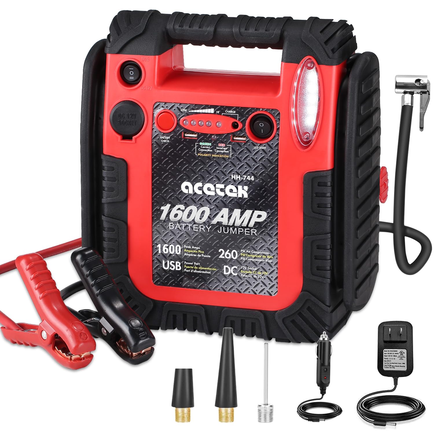 acetek 1800 Amp Jump Starter with Air Compressor & 260 PSI Tire Inflator, 20000mAh, LED Light, USB, Model HH-744
