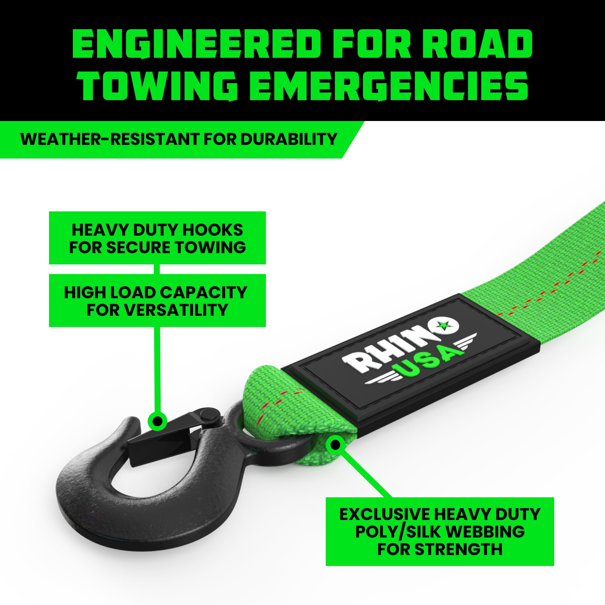 Rhino Usa Tow Strap With Hooks (2 Inch X 20 Foot) Lab Tested 10,321Lbs Break Strength - Heavy Duty Emergency Towing Straps With Forged Steel Hooks For Roadside Recovery - Not For Off-Road Recoveries