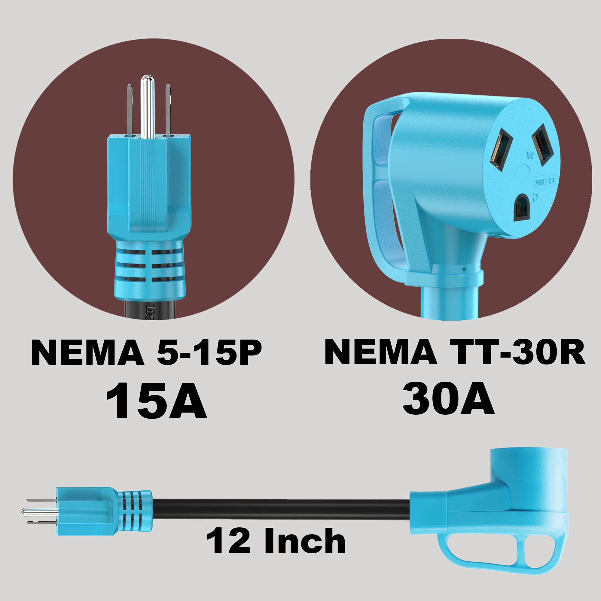 CircleCord 30 Amp to 15 Amp RV Adapter Cord, 12 Inch Heavy Duty STW, Blue 30A, ETL Listed, Copper, TT-30R to NEMA 5