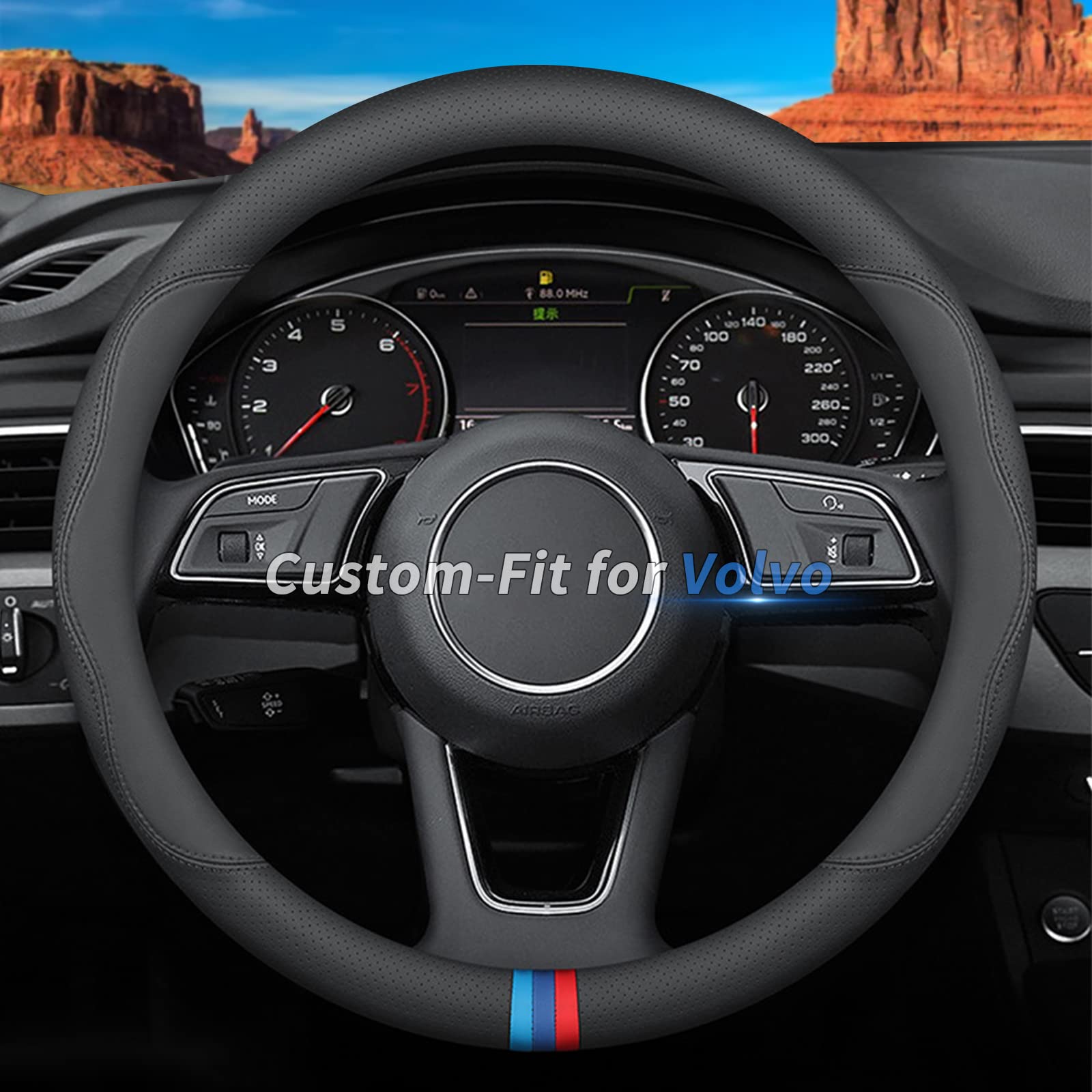 Custom-Fit For Volvo Steering Wheel Cover, Premium Leather Car Steering Wheel Cover With Logo, Non-Slip, Breathable (A-Style,For