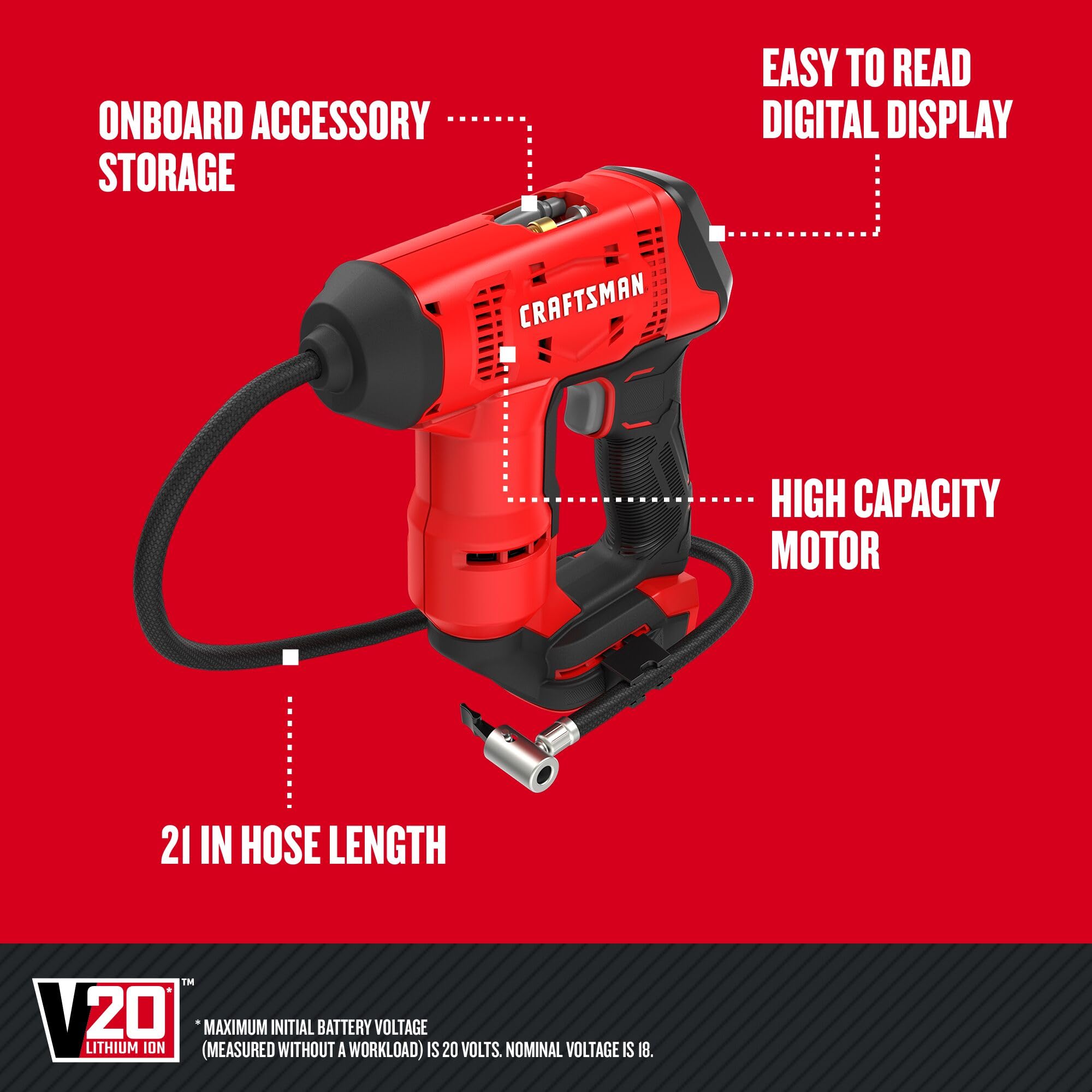 CRAFTSMAN V20 Cordless Tire Inflator, 150 PSI, Digital Gauge, Model CMCE521B, Red, Bare Tool Only