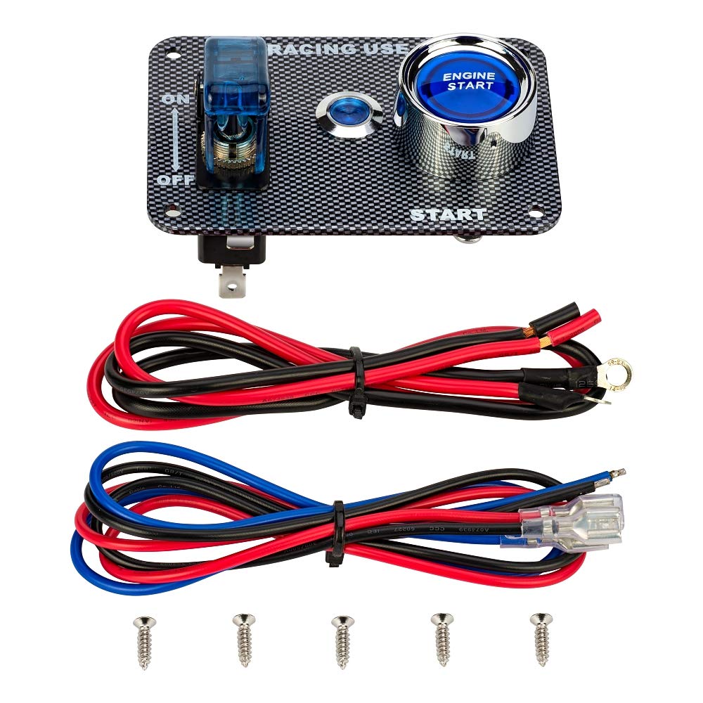 Jtron DC12V Racing Car Ignition Switch Panel - Carbon Fiber Rocking Switch & Engine Start Button with Blue Indicator Light