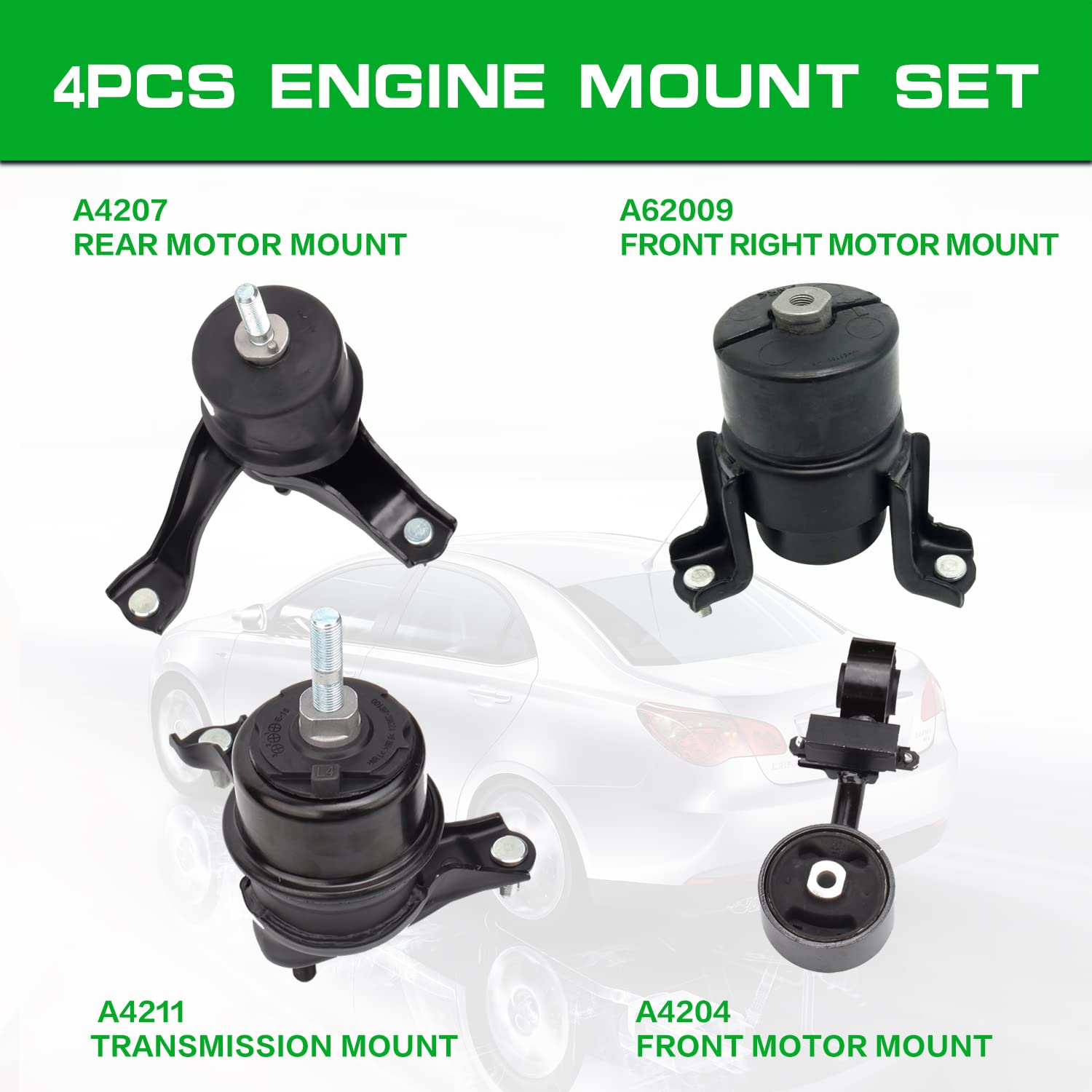 LOONGRIE Engine Motor & Trans Mounts Set of 4 for 2007-2011 Toyota Camry (2.4L) - Alloy Steel, OE A62009 A4211