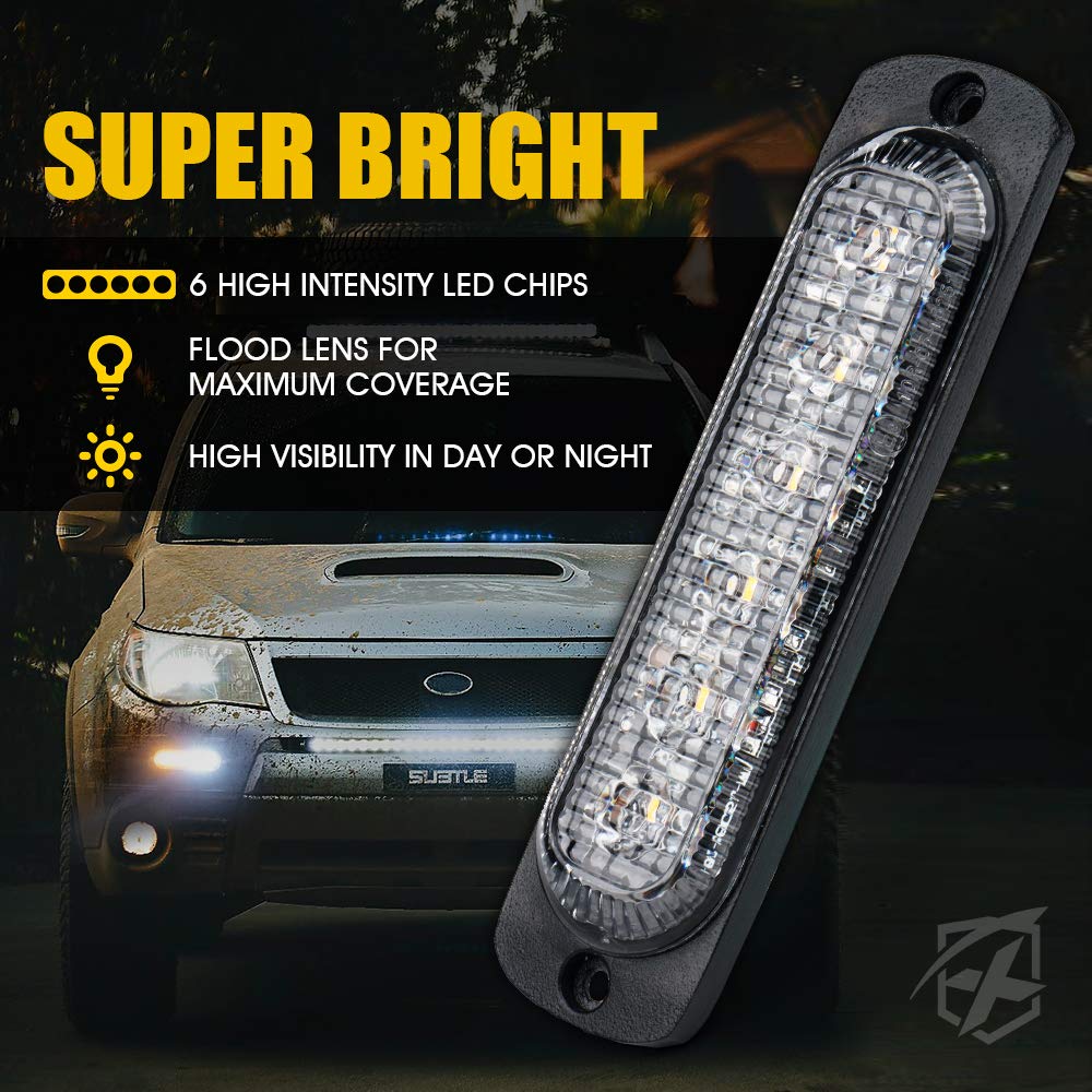 Xprite 4Pcs Led Emergency Strobe Lights,Amber White 6- Led Surface Mount Flashing Strobe Lights, Sync Feature Ultra Slim Grill L