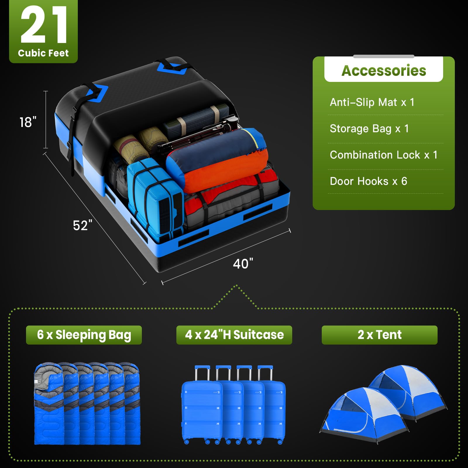 APTY 21 Cubic Feet Car Rooftop Cargo Bag Carrier, Soft Roof Top Luggage Bag for All Vechicles with/Without Racks - with Waterpro