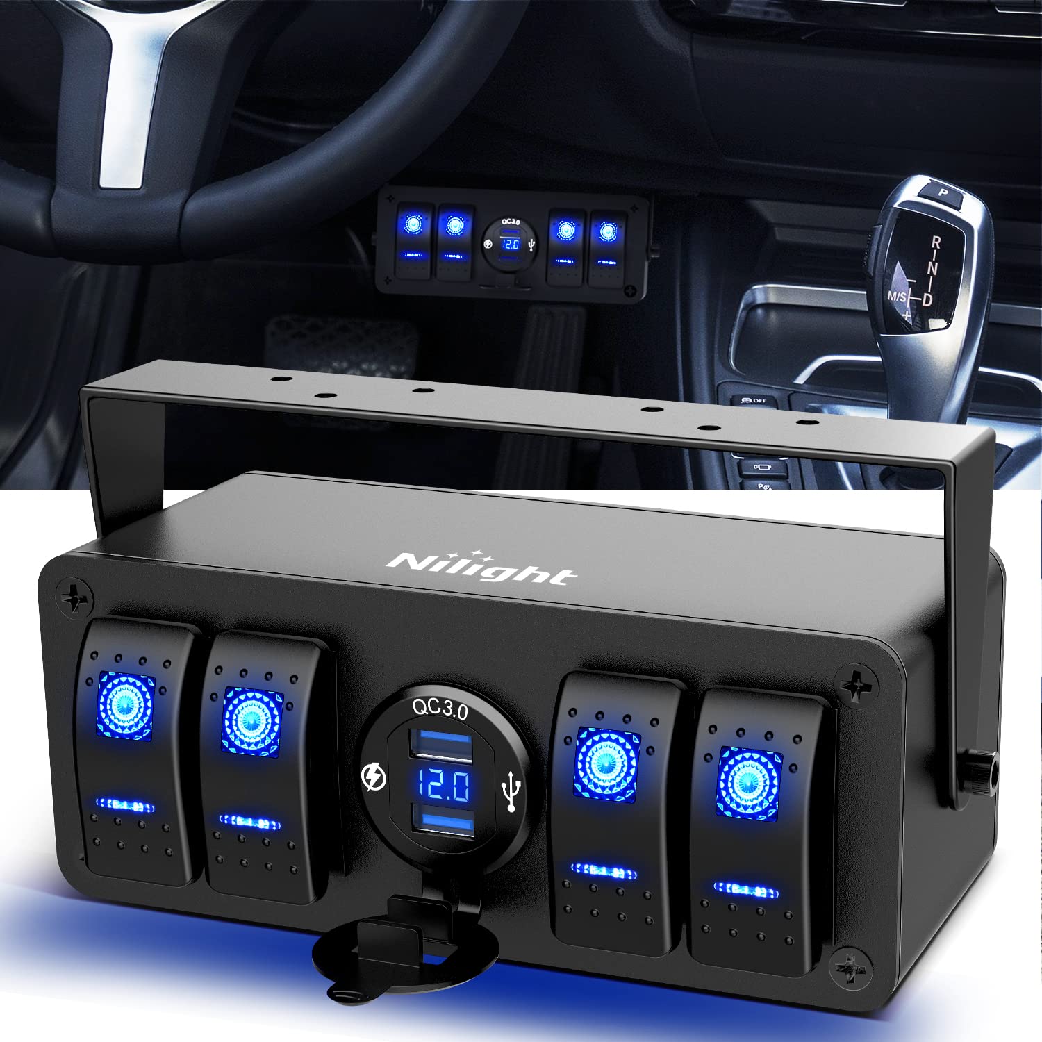 Nilight 4 Gang Rocker Switch Box 12V SPST ON Off Switch QC 3.0 USB Charger Voltmeter Waterproof Aluminum Rocker Switch Panel Nig