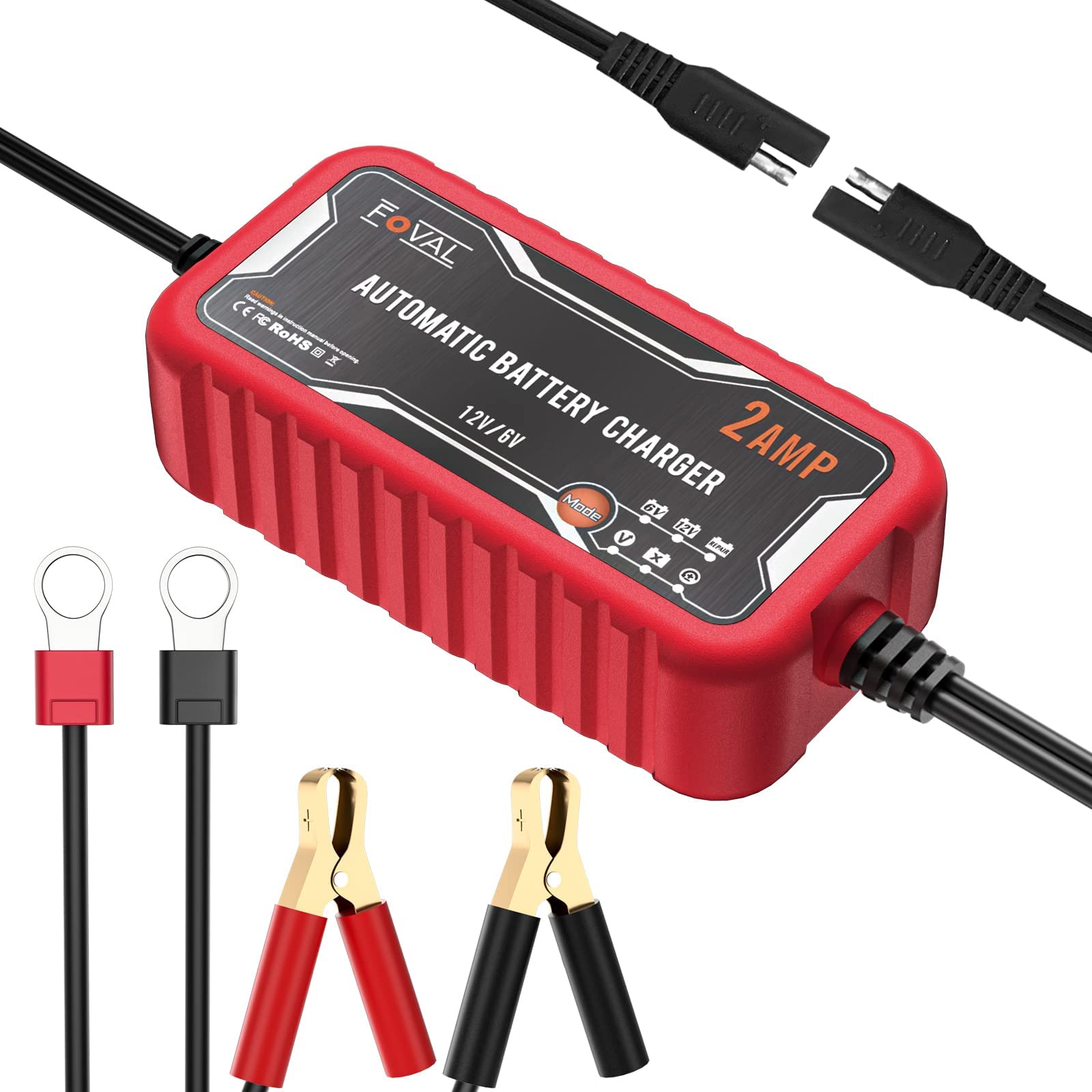 [2-Pack] Foval 2-Amp Car Battery Charger, 6V And 12V Portable Automatic Smart Charger, Battery Maintainer, Trickle Charger And B