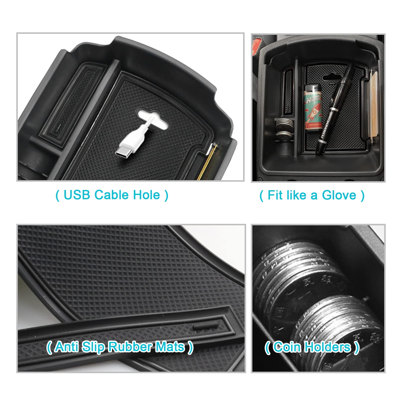 CDEFG Center Console Organizer Tray for 2020-2025 Kia Seltos, ABS Plastic, Black Trim, Coin Container, Armrest Storage Box