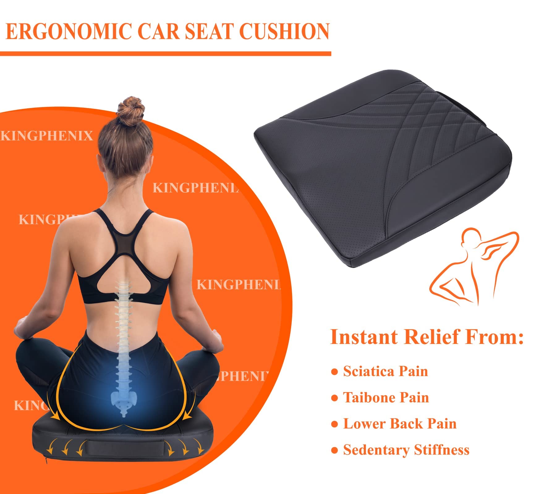 kingphenix Premium Memory Foam Car Seat Cushion - Coccyx & Lower Back Pain Relief, Black, 18in x 17in x 2.5in, Model KP-CSC-BL