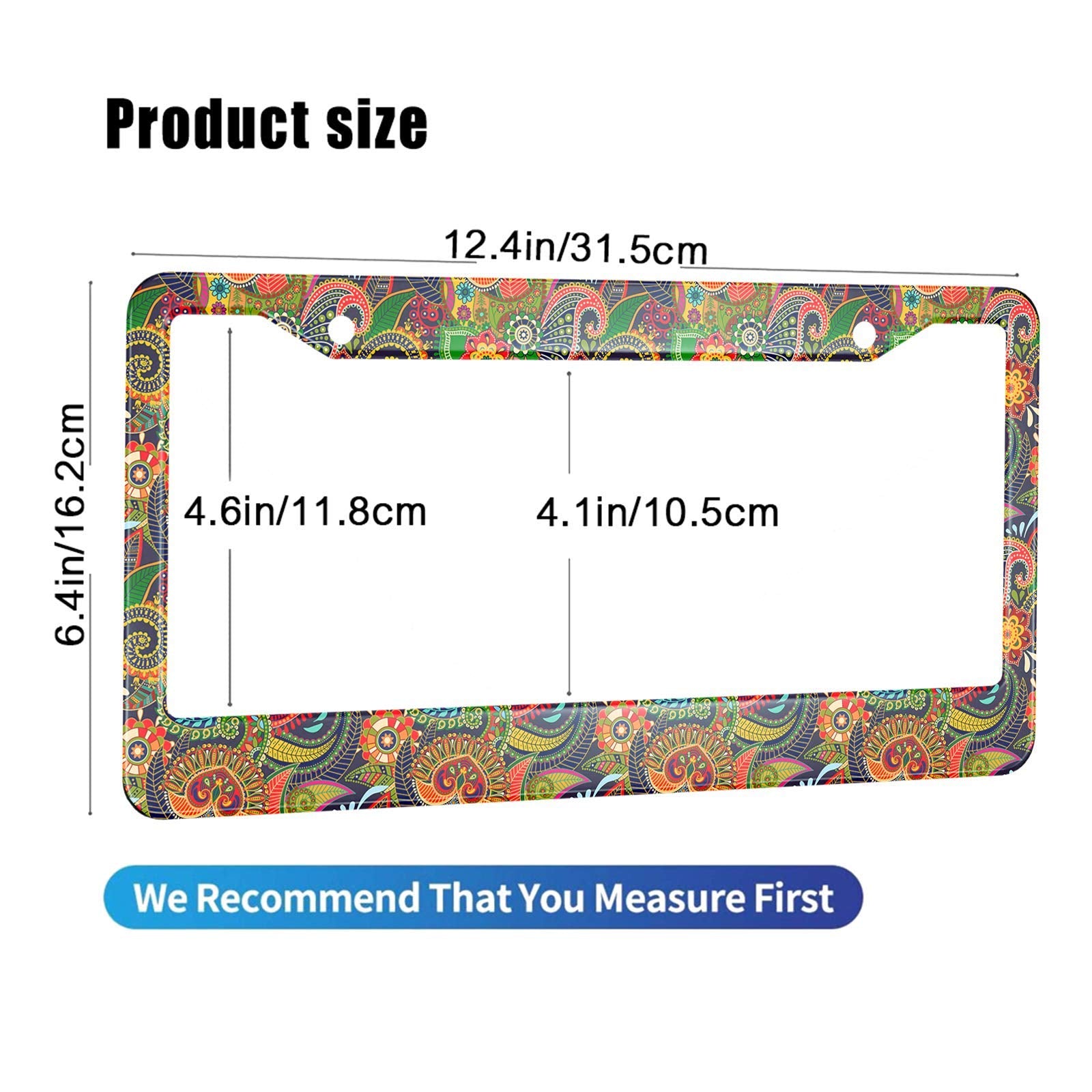 HOSNYE Colorful Paisley Mandala License Plate Frame Horns Petals Leaves Indian Element Lace Turkish Metal License Plate Cover Fr