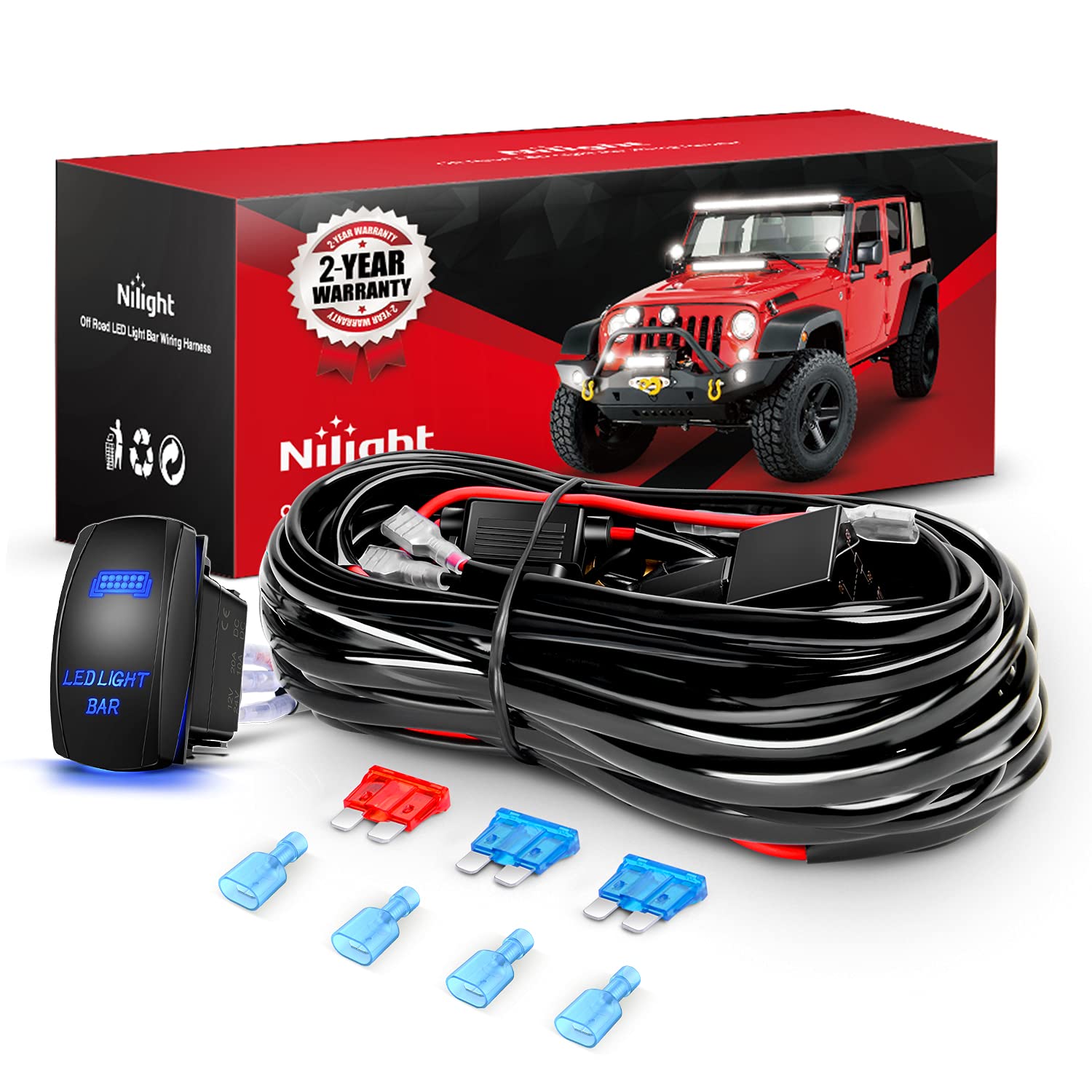 Nilight 10011W 16Awg Wiring Harness Kit-2 Leads Led Light Bar 12V On/Off 5 Pin Rocker Switch Power Relay Blade Fuse For Jeep Boa