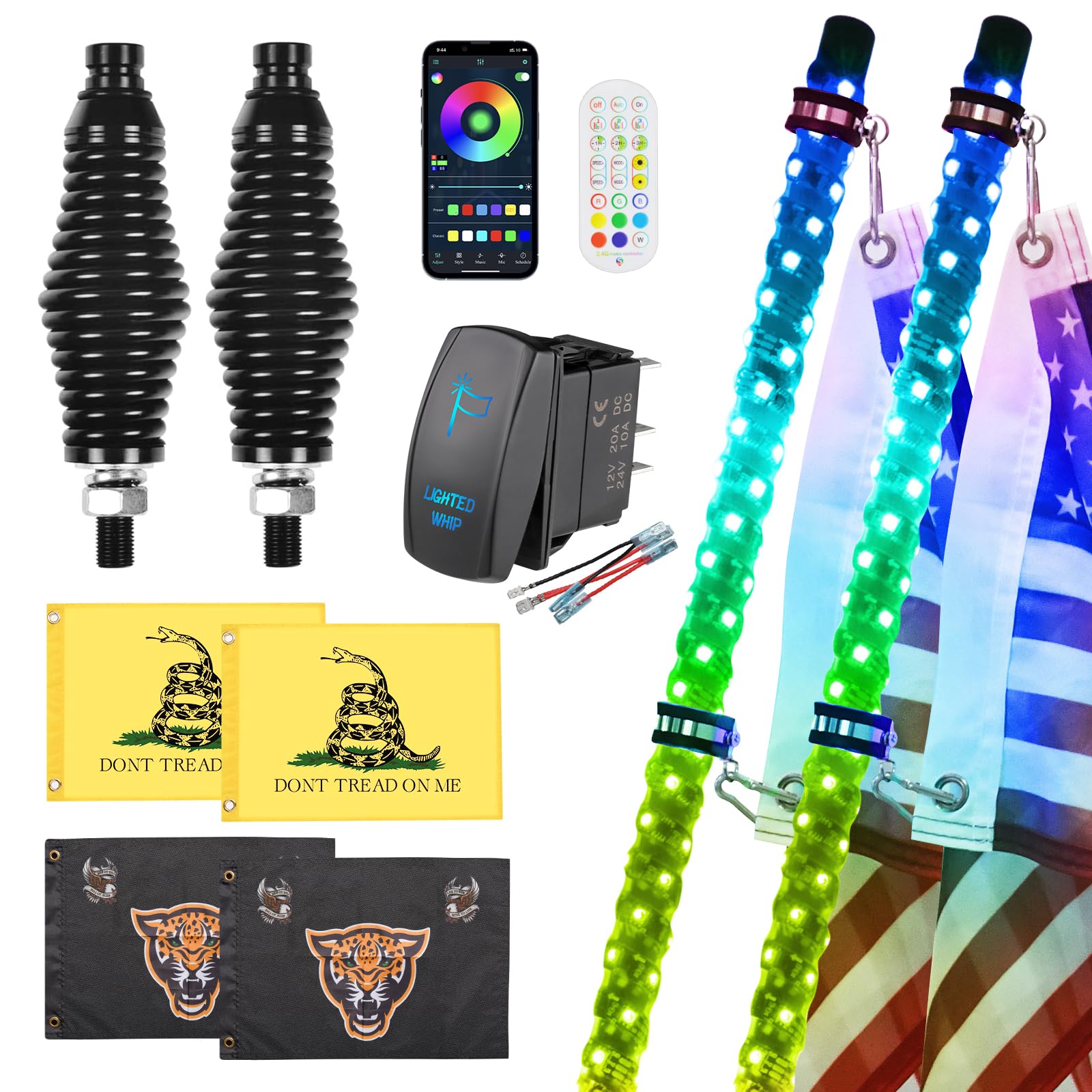 Ehaho 2 Pack 1Ft Led Whip Lights With Spring Base, App & Remote Control, Spiral Rgb Chasing Lighted Antenna, Music Light For Utv