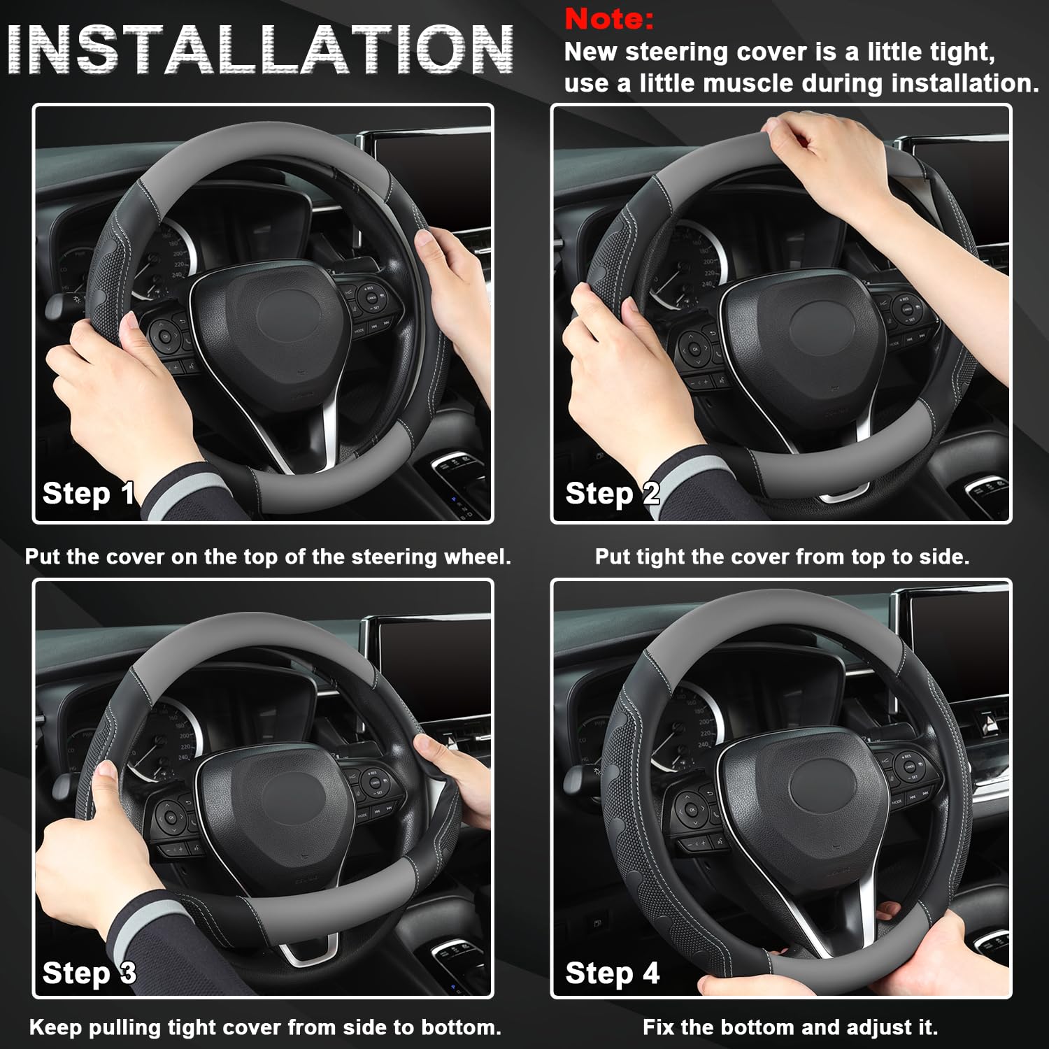 Giant Panda Car Steering Wheel Cover For Toyota Rav4,Camry,Highlander,Corolla,Prius,Tacoma, Standard Size - Black+Gray