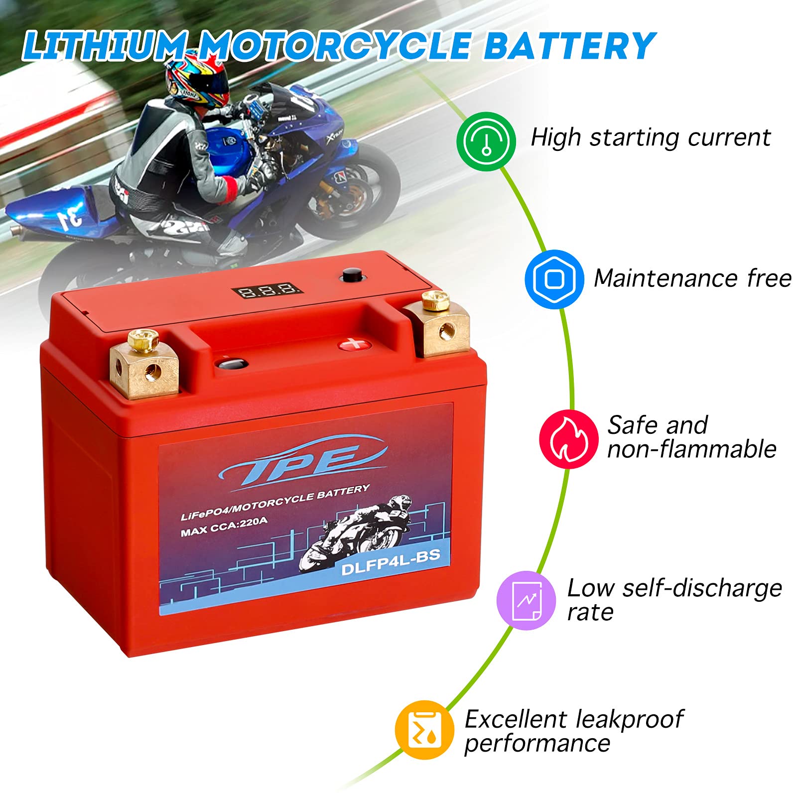 TPE Lithium Motorcycle Battery 12.8V 2AH 220CCA with BMS - YTX4L-BS, 2500-8000 Life Cycles