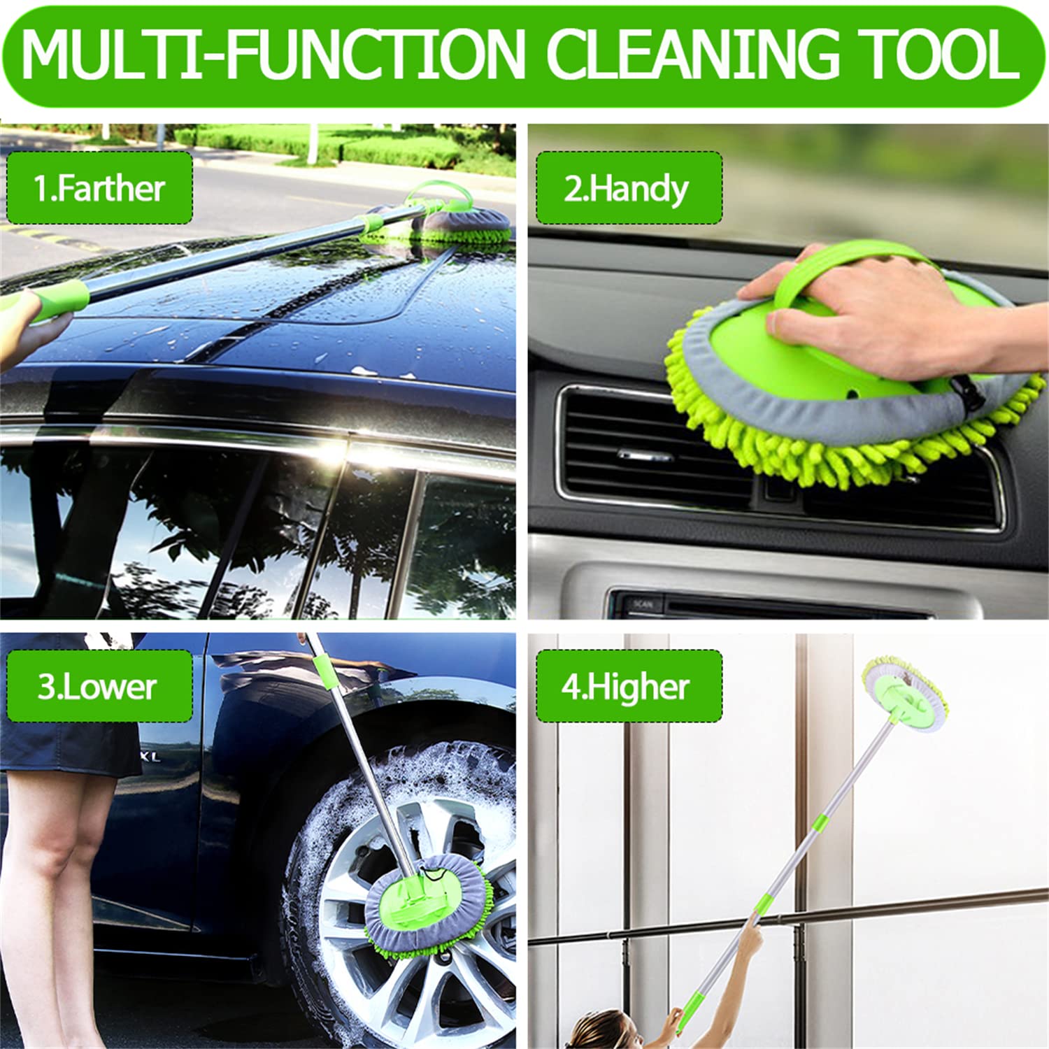 WillingHeart 47.5" Car Wash Brush Mop - 2 in 1 Chenille Microfiber, Scratch-Free, Green, Ideal for Cars, Trucks, SUVs, RVs, Boats