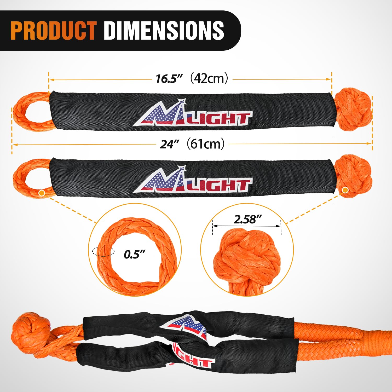 Nilight Kinetic Recovery Tow Rope 7/8'' x 20ft (28,600LBS) with 2 Soft Shackle 1/2'' x 24'' Snatch Strap Heavy Duty Offroad Towi