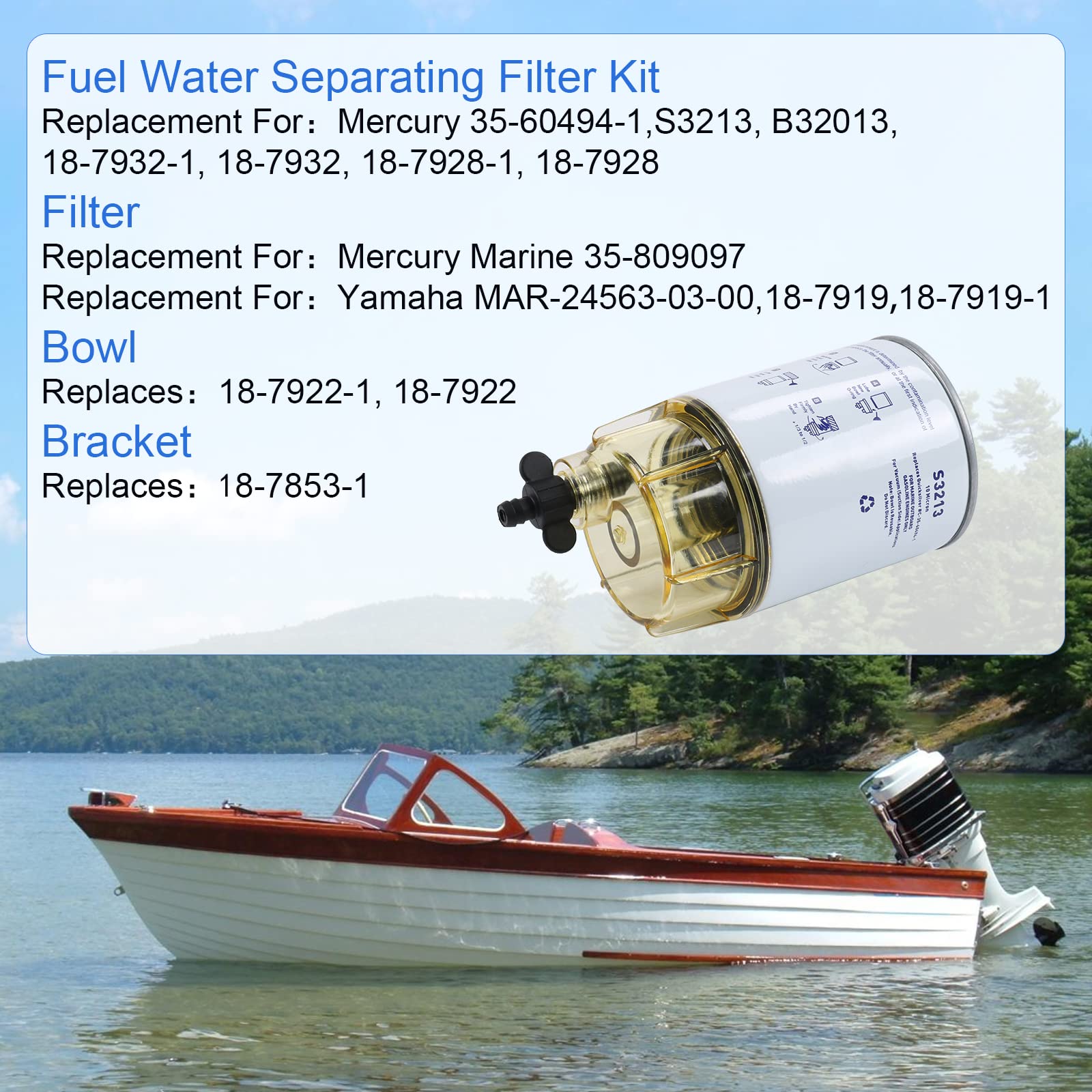 Carmocar Marine Fuel Water Separator Filter Assembly S3213 Filter Element With Collection Bowl Replacement For 3/8 Inch Npt Outb