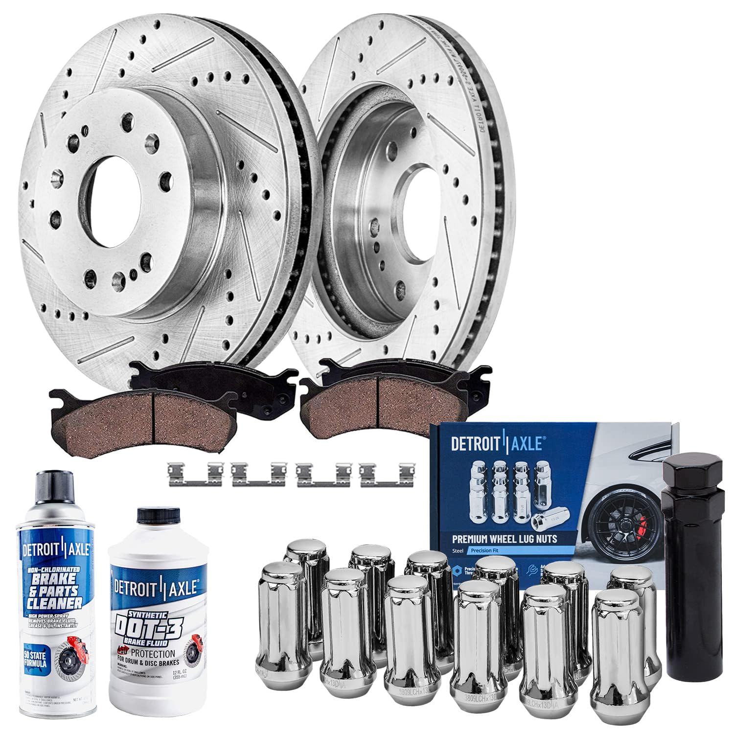 Detroit Axle - Front Brake Kit for Chevy GMC Silverado Sierra 1500 Tahoe Cadillac Escalade Drilled & Slotted Brake Rotors Cerami