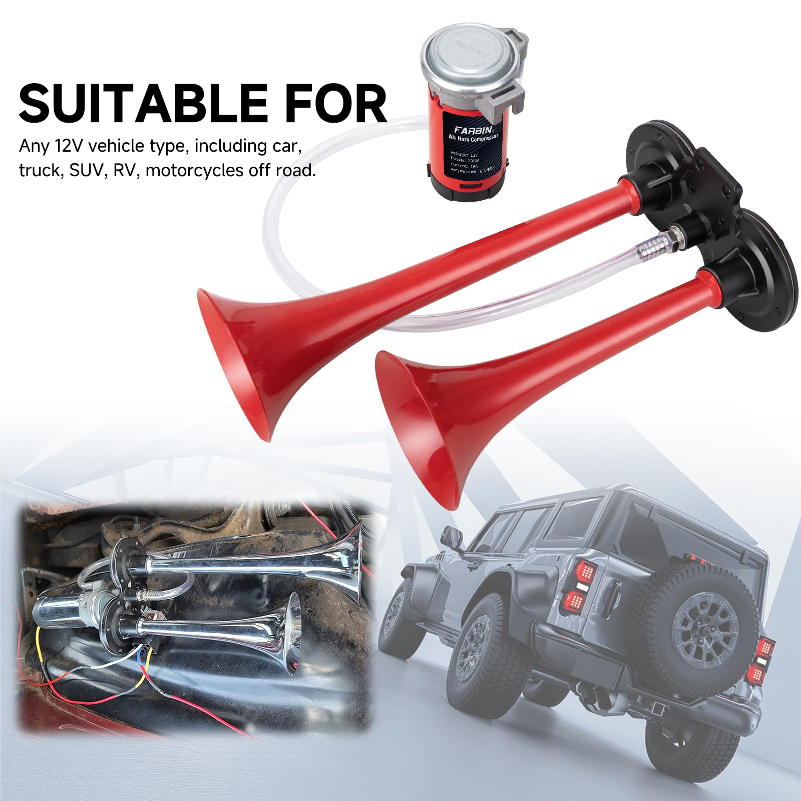 Farbin Train Horn For Car Super Loud Air Horn 12V 150Db Dual Trumpet Truck Horns Kit With Compressor And Button For Any Vehicles