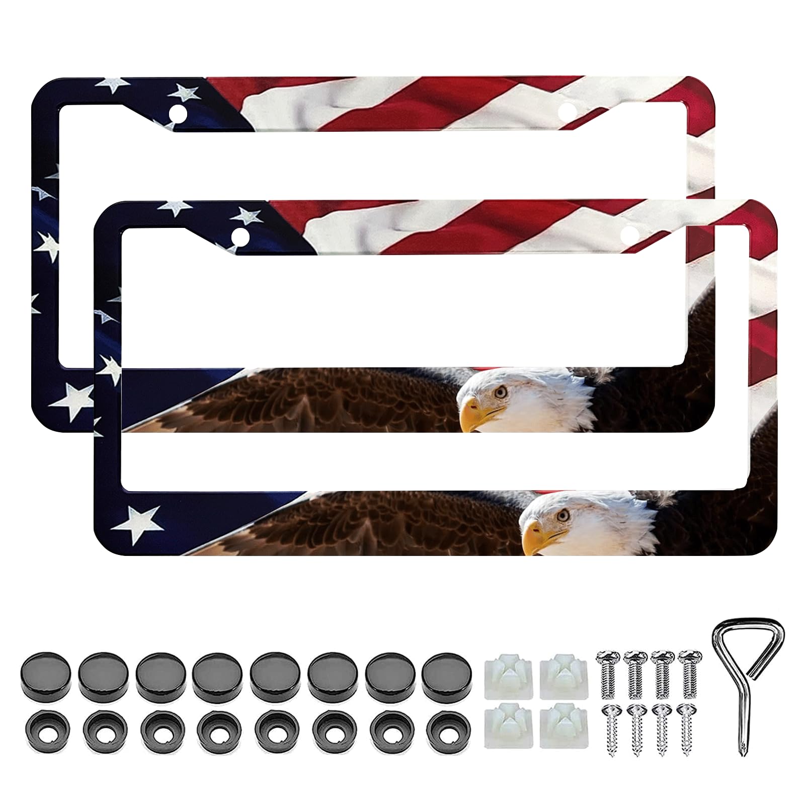 Lin Kang American Flag Eagle License Plate Frame Holder - 2 Pack Patriotic Universal Aluminum Matte Stripe Us Flag Gloss Car Pla