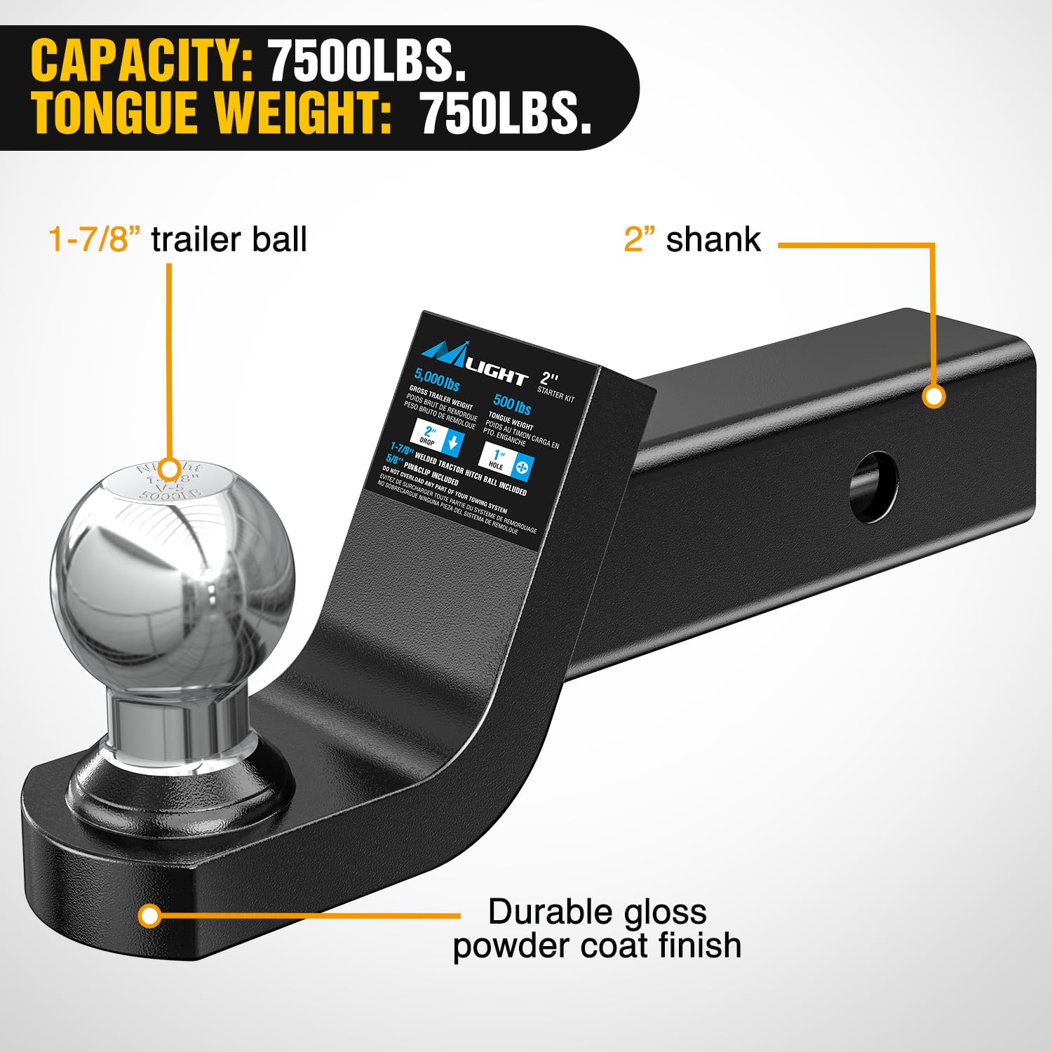 Nilight Fusion Trailer Hitch Mount With 1-7/8 Inch Trailer Ball & 5/8'' Hitch Pin Clip, Fits 2-Inch Receiver 5000 Lbs 2'' Drop