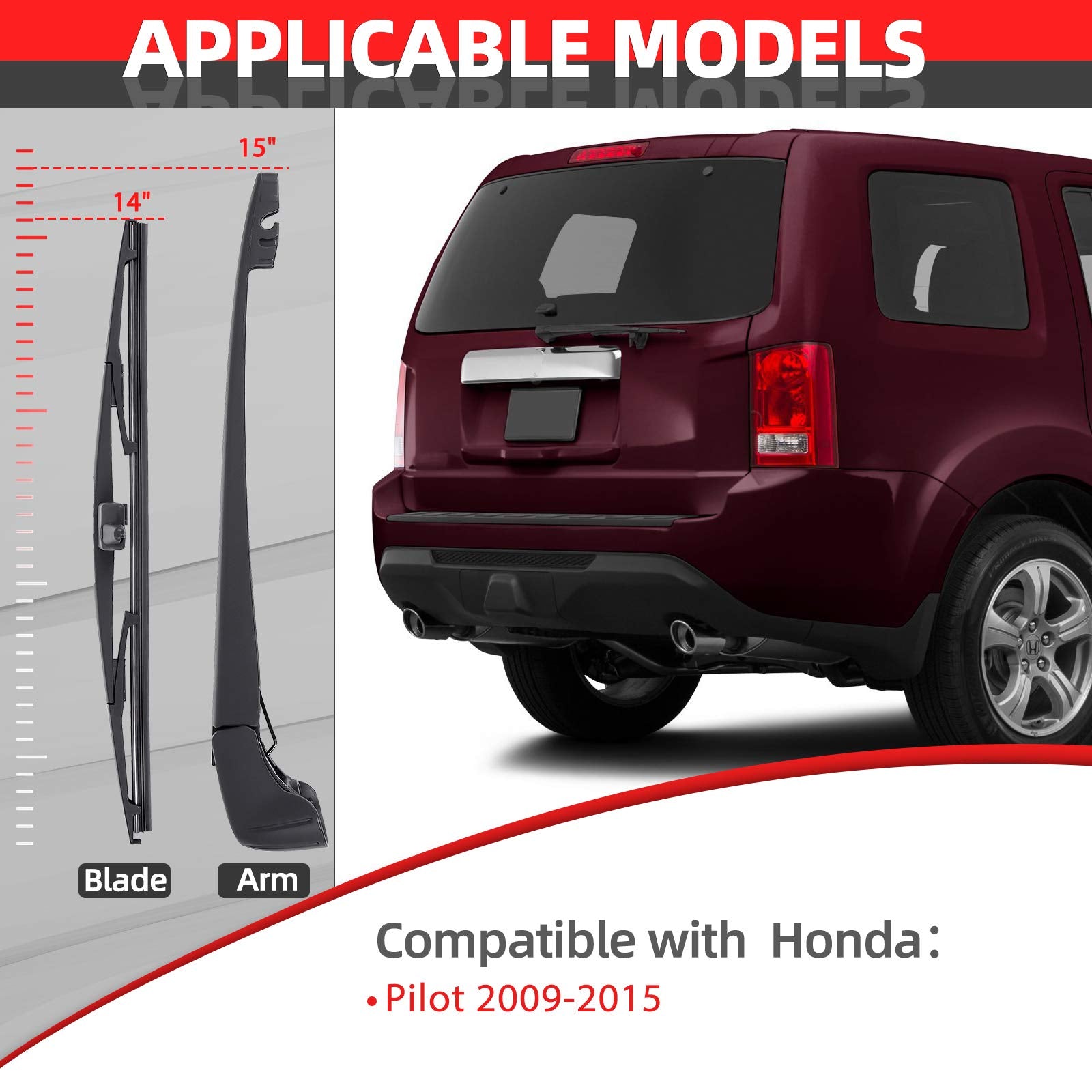 OTUAYAUTO Rear Windshield Wiper Arm Blade Set for Honda Pilot 2009-2015, Rubber, OEM Style