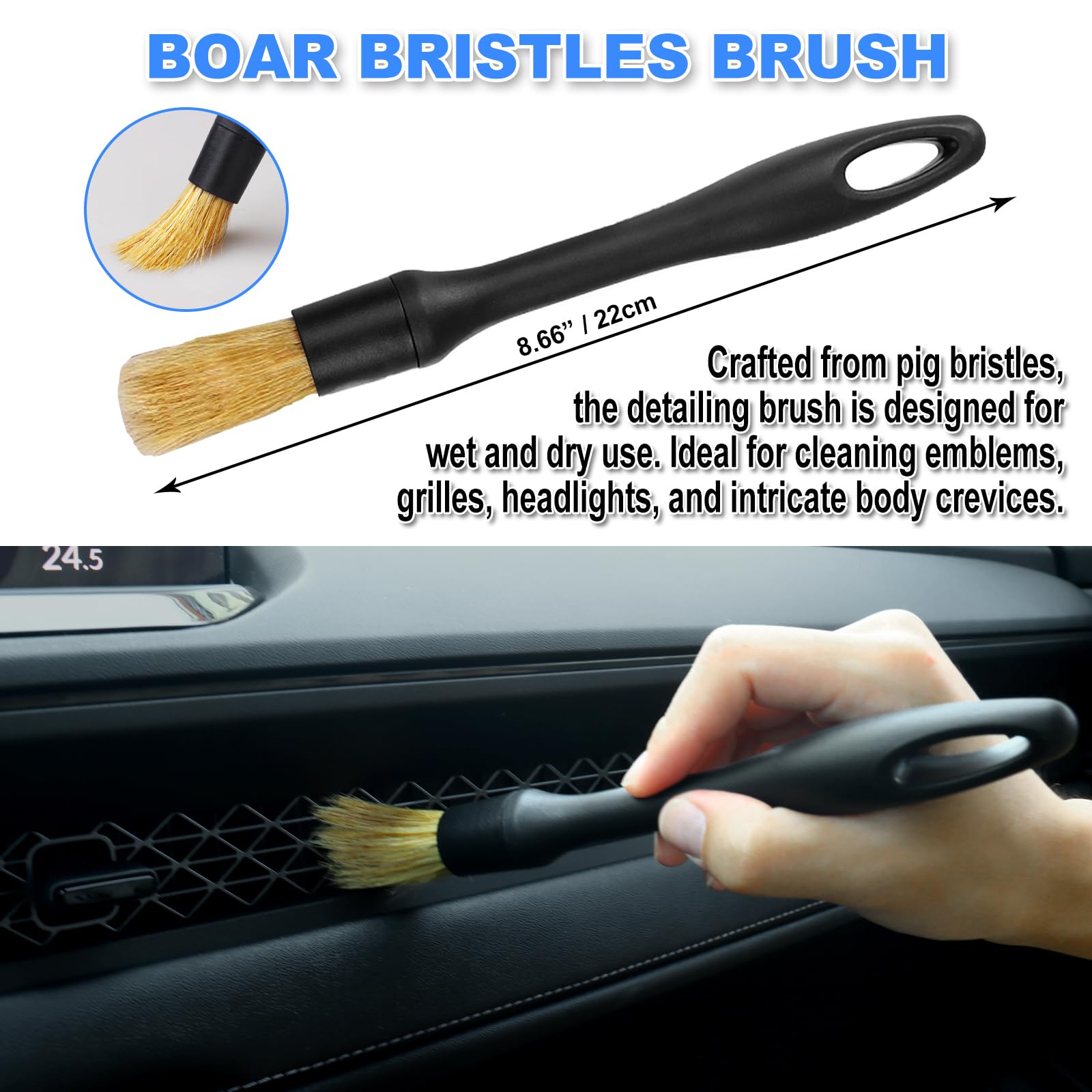 TTRCB 7PCS Car Detailing Brush Set, Ultra Soft Boars Hair, Interior Cleaning Kit, Black, Model CDB-7