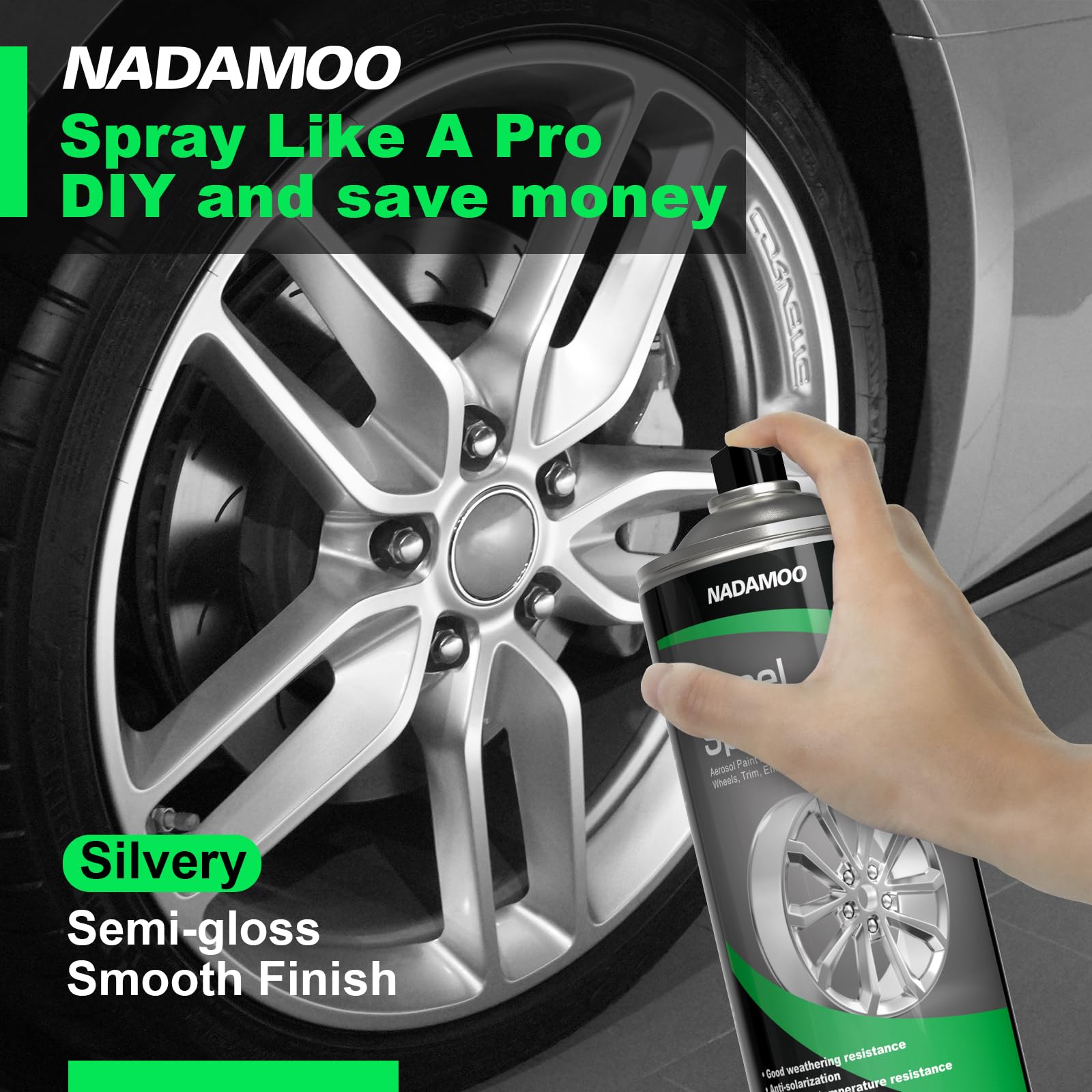 NADAMOO Aluminum Wheel Spray Paint - Semi-gloss Silver 13 Oz Aerosol for Metal Surface Recoloring and Protection