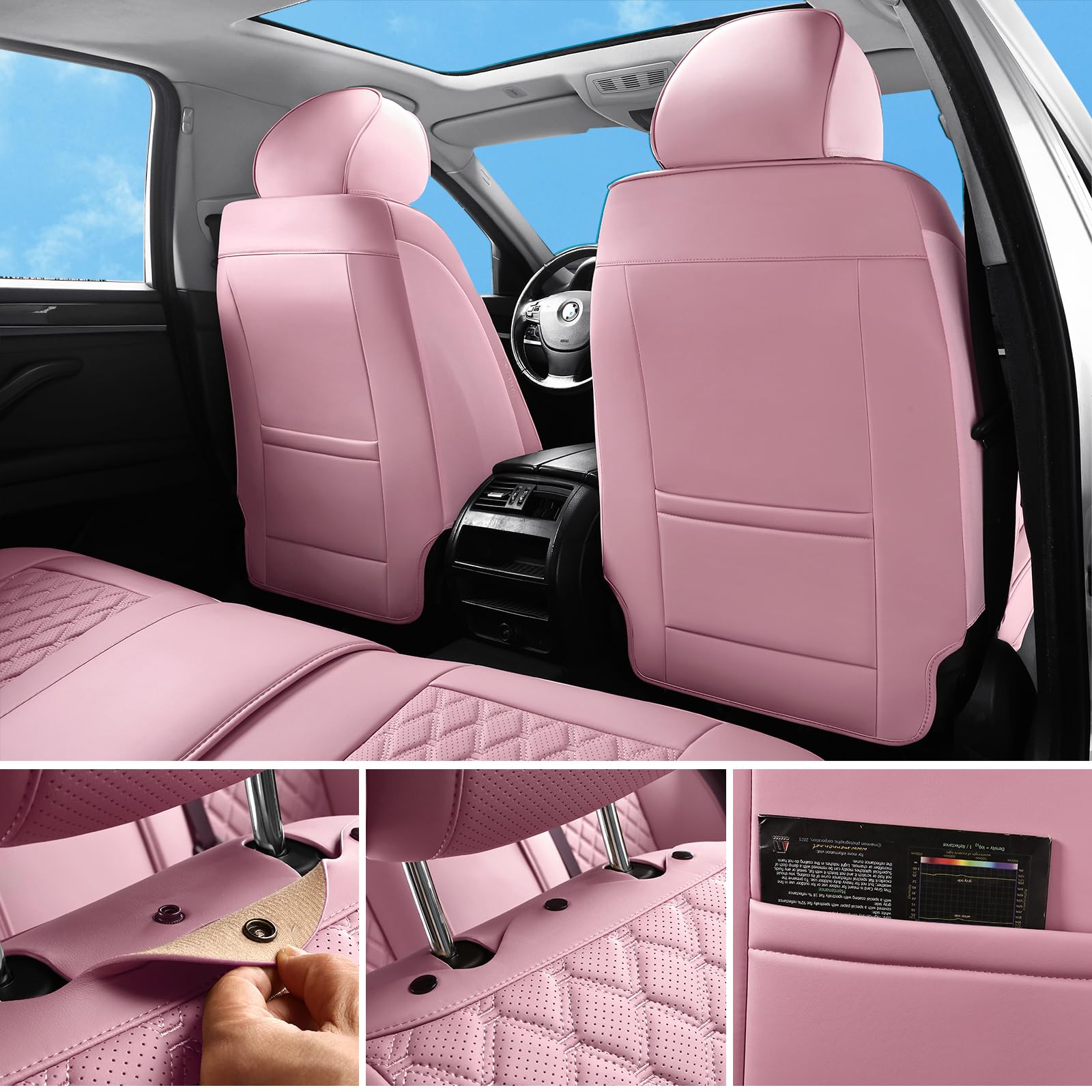 Sxikin Full Set Car Seat Covers - Luxury Pink Faux Leather, Waterproof, Non-Slip, Universal Fit for Cars, SUVs, Trucks