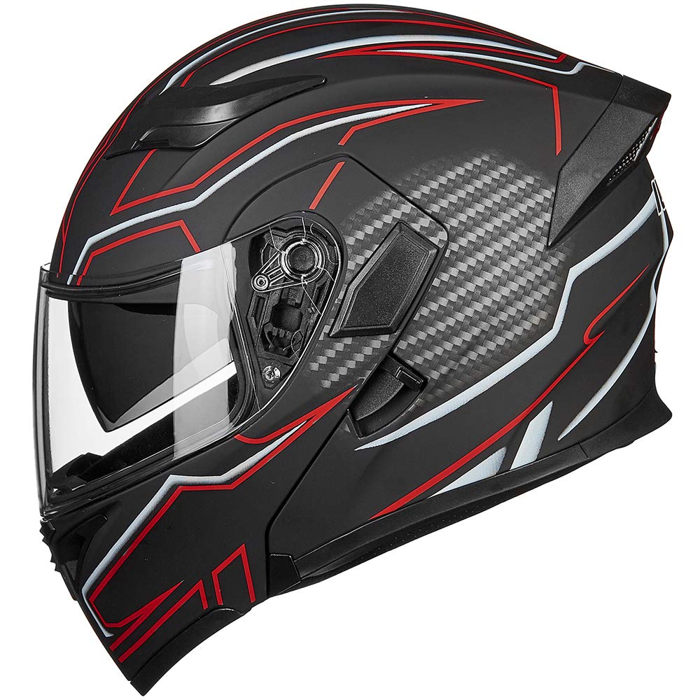 Ilm Motorcycle Dual Visor Flip Up Modular Full Face Helmet Dot Led Light Model 902L (M, Black Red - Led)