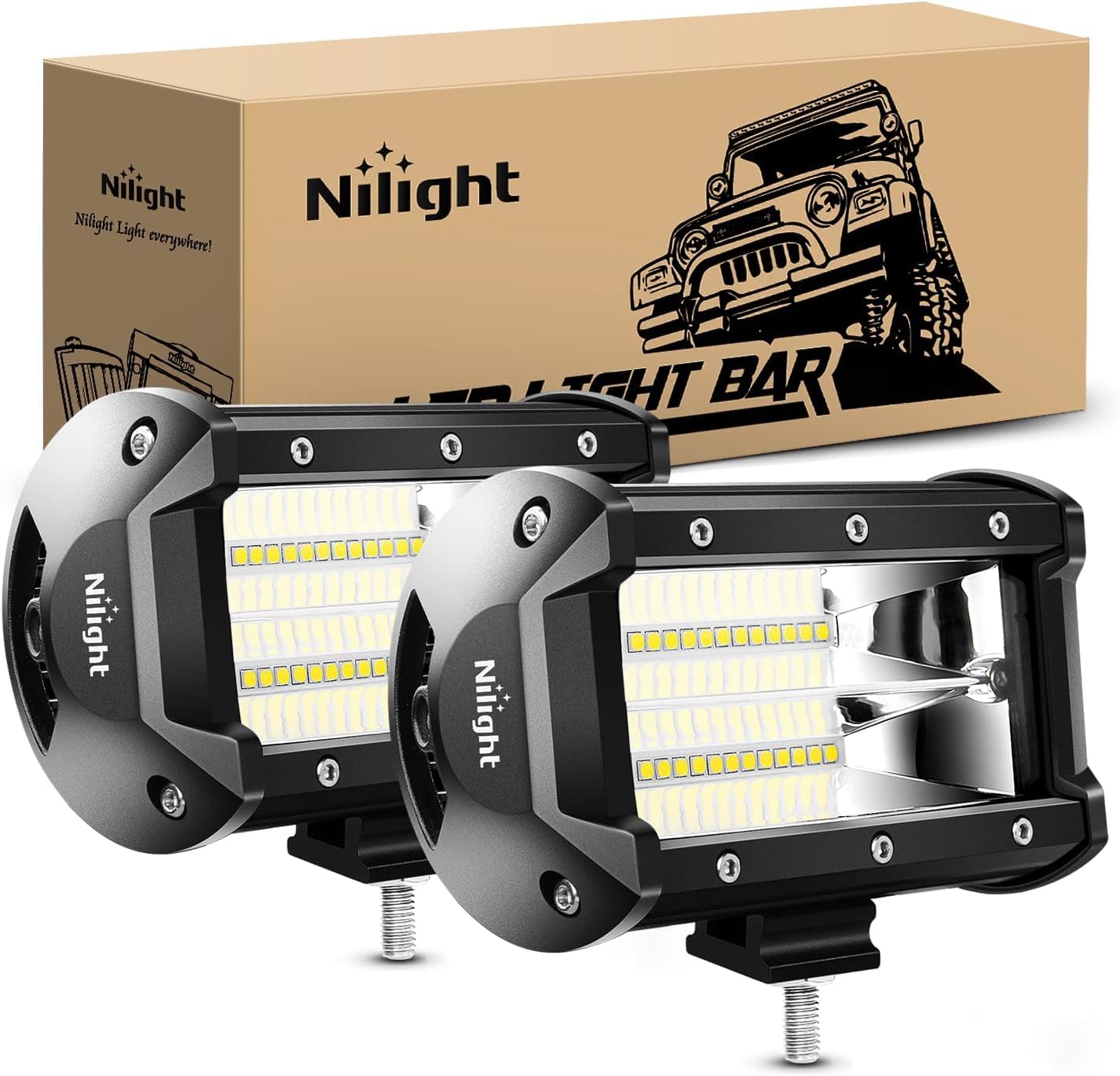 Nilight 18001F-B 2Pcs 5Inch 72W Double Row Flood Bar 10800Lumens Driving Fog Led Off Road Lights For Trucks Jeep Atv Utv Suv Boa