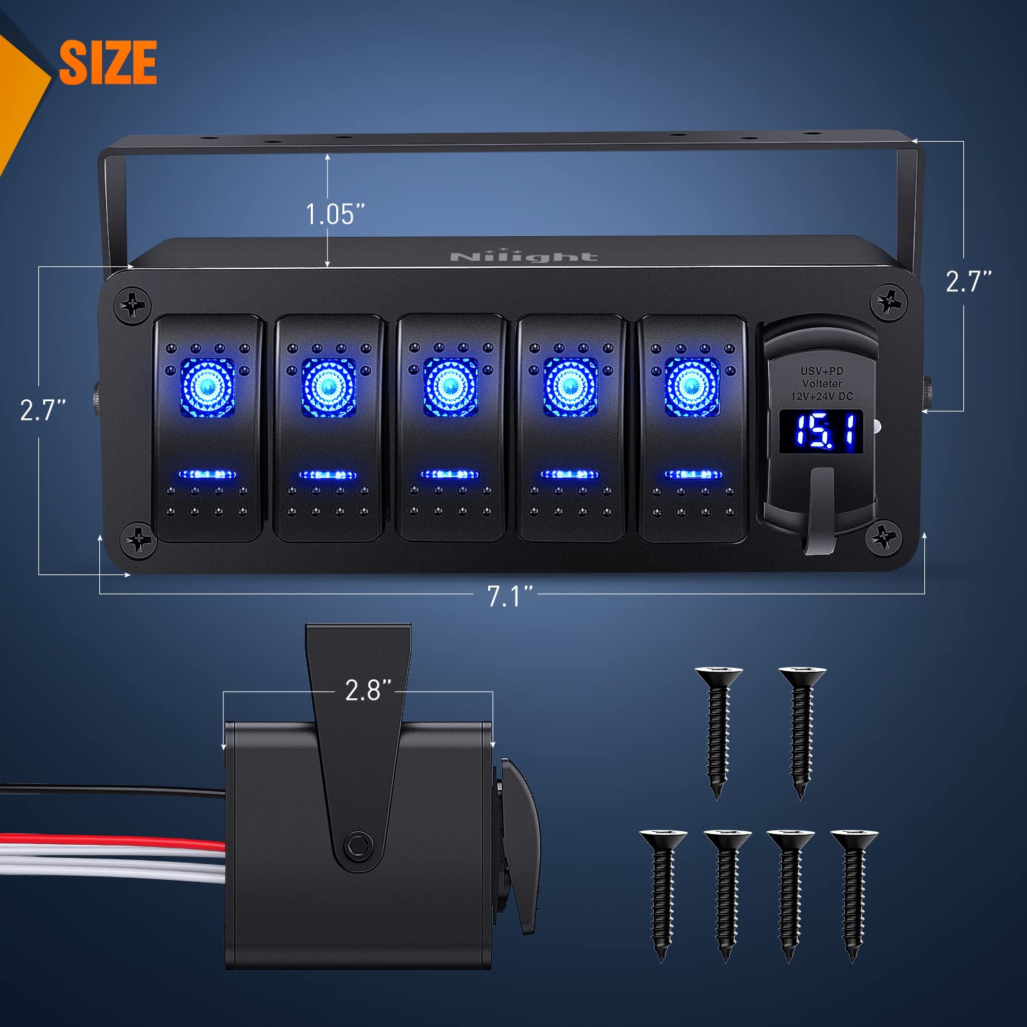 Nilight 5 Gang Rocker Switch Box with USB Charger, 12V SPST, Aluminum Panel, Type C + USB, Model 90314B-F, Waterproof, Blue