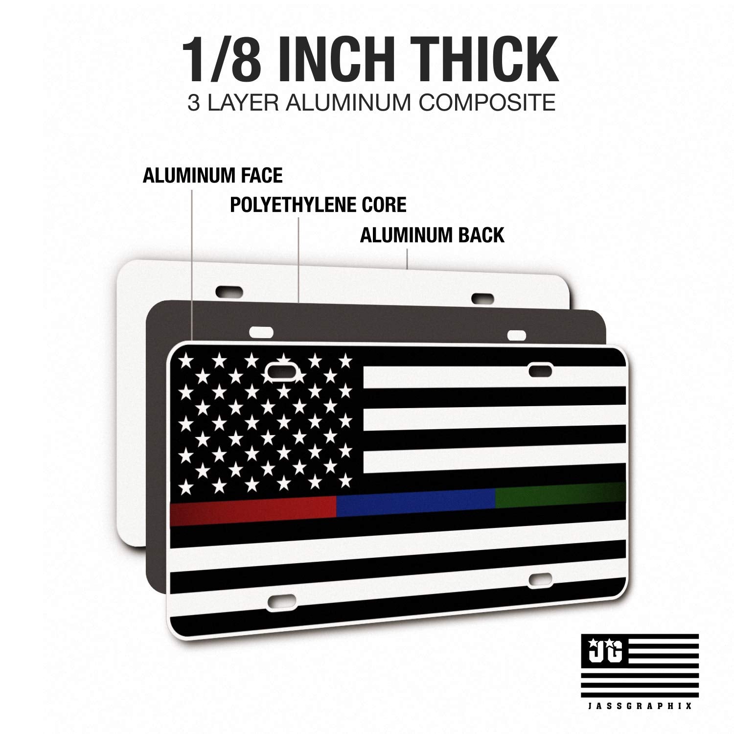 Jass Graphix Thin Blue Line Thin Red Line Thin Green Line American Flag License Plate Matte Black On 1/8 White Aluminum Composite Heavy Duty Tactical Patriot Usa Car Tag