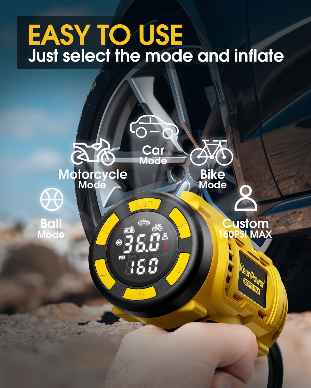 KeenPower Cordless Tire Inflator Portable Air Compressor, 160PSI Car Tire Air Pump, 21V Rechargeable Battery Powered Air Compres