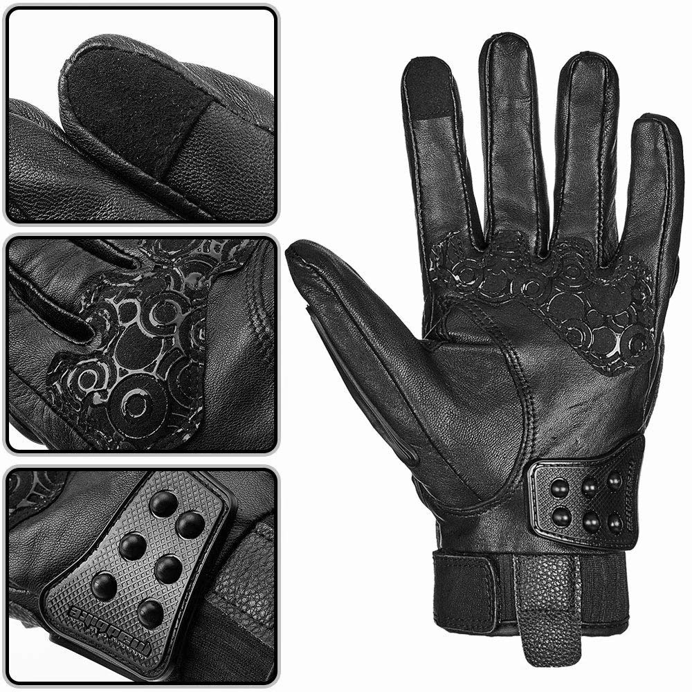 ILM Motorcycle Gloves - Alloy Steel Leather Hard Knuckle, Touchscreen, Large, Black Model 10CL