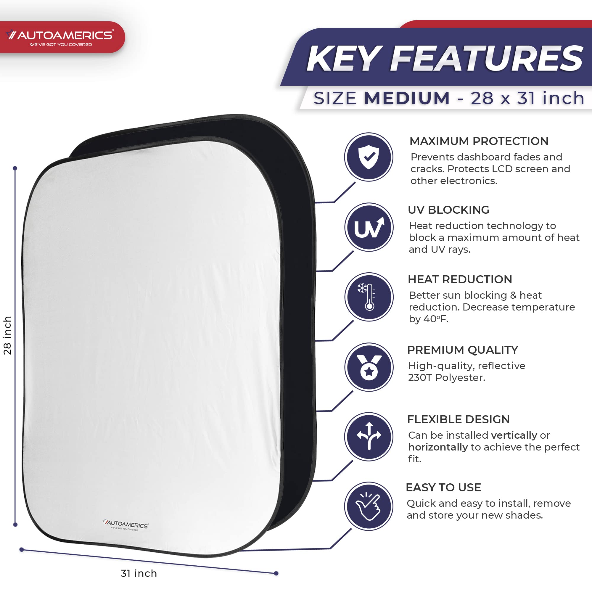 Autoamerics Windshield Sun Shade 2-Piece Foldable Car Front Window Sunshade For Most Sedans Suv Truck - Auto Sun Blocker Visor P
